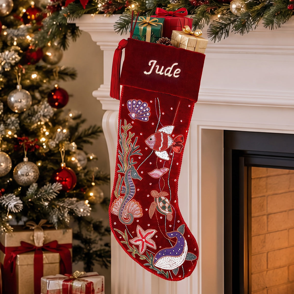 Personalized Beaded Ocean Red Velvet Christmas Stocking