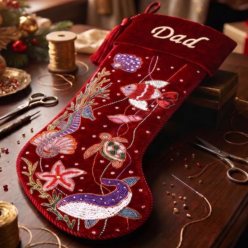 Personalized Beaded Ocean Red Velvet Christmas Stocking