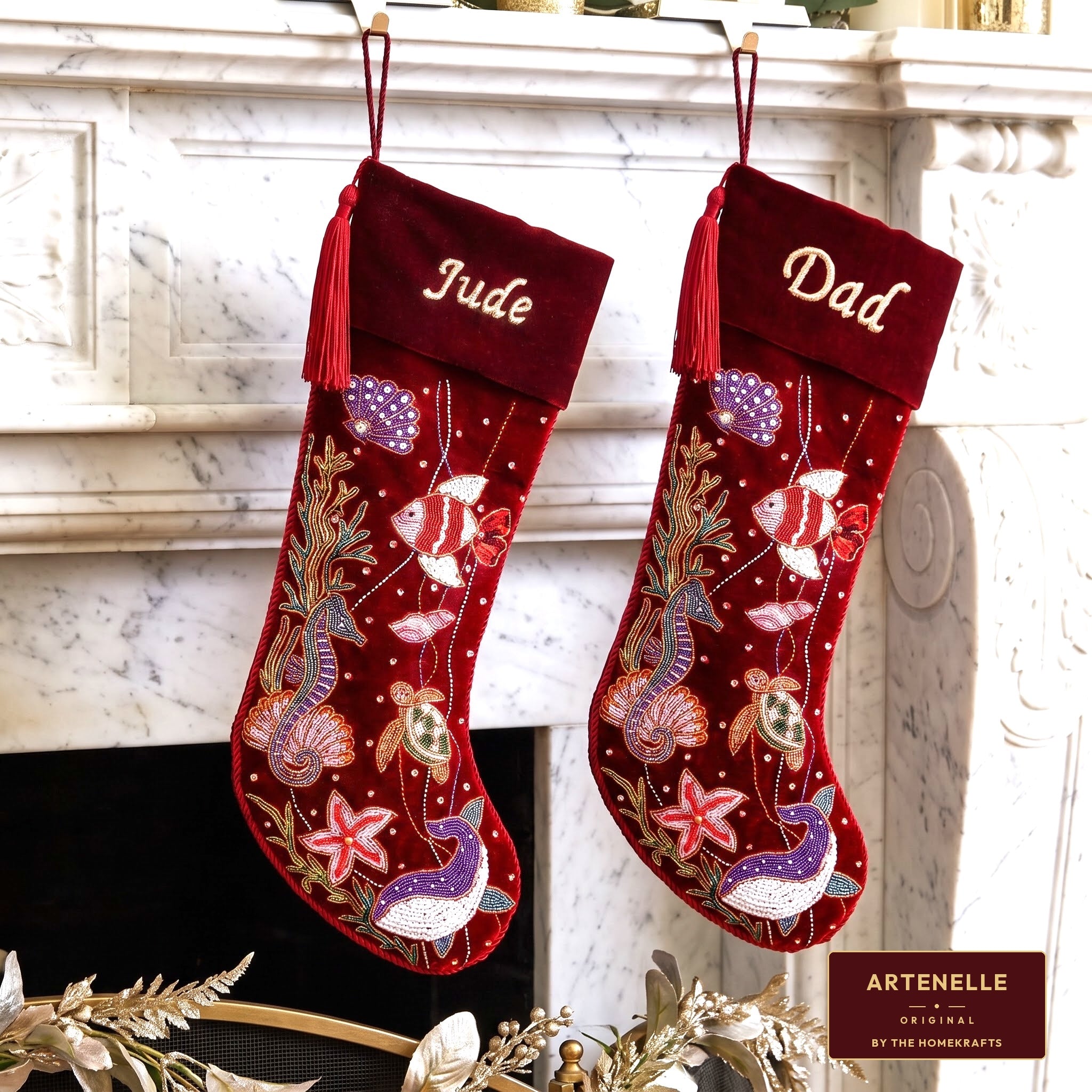 Personalized Beaded Ocean Red Velvet Christmas Stocking