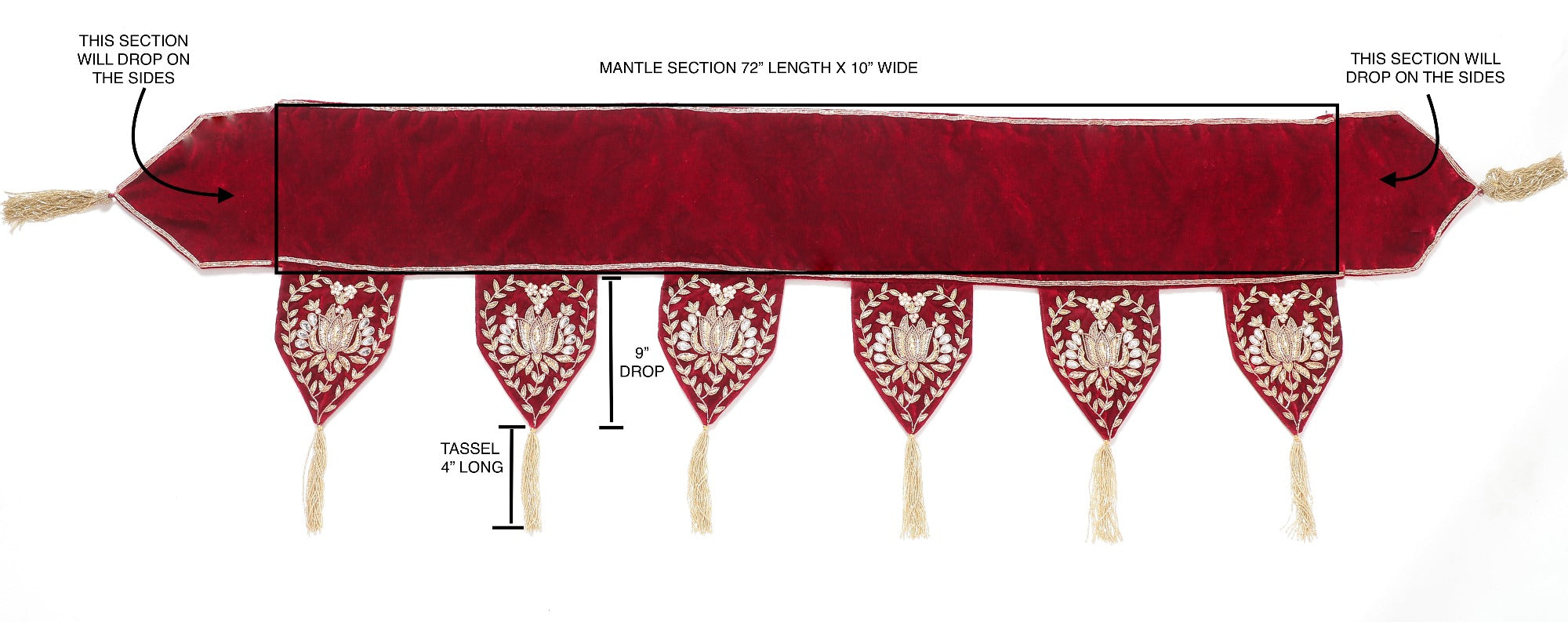 Lotus Red velvet Christmas Mantle Scarf Available in 2 sizes 60" & 72"