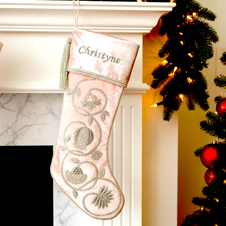 PERSONALISED SILVER GARLAND PINK VELVET CHRISTMAS STOCKING