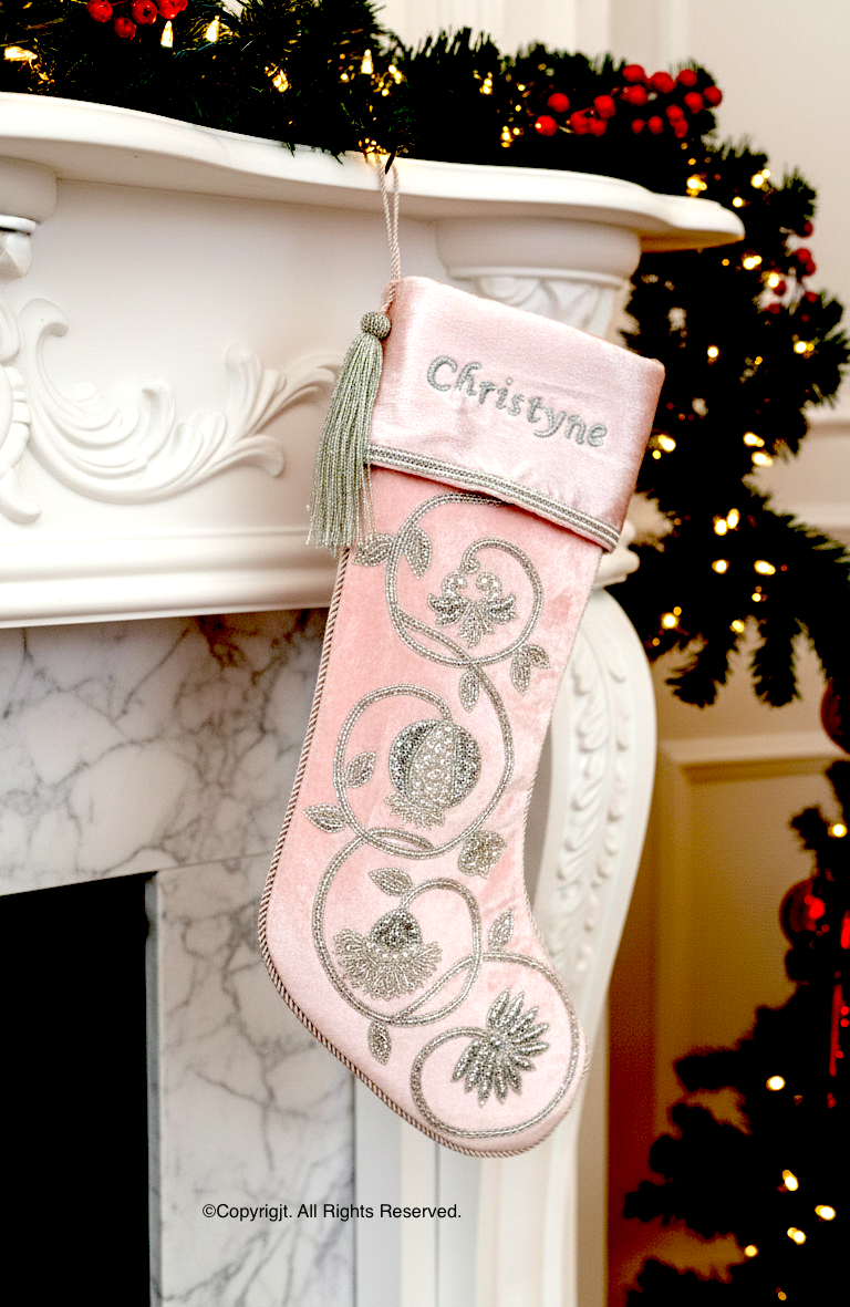 PERSONALISED SILVER GARLAND PINK VELVET CHRISTMAS STOCKING