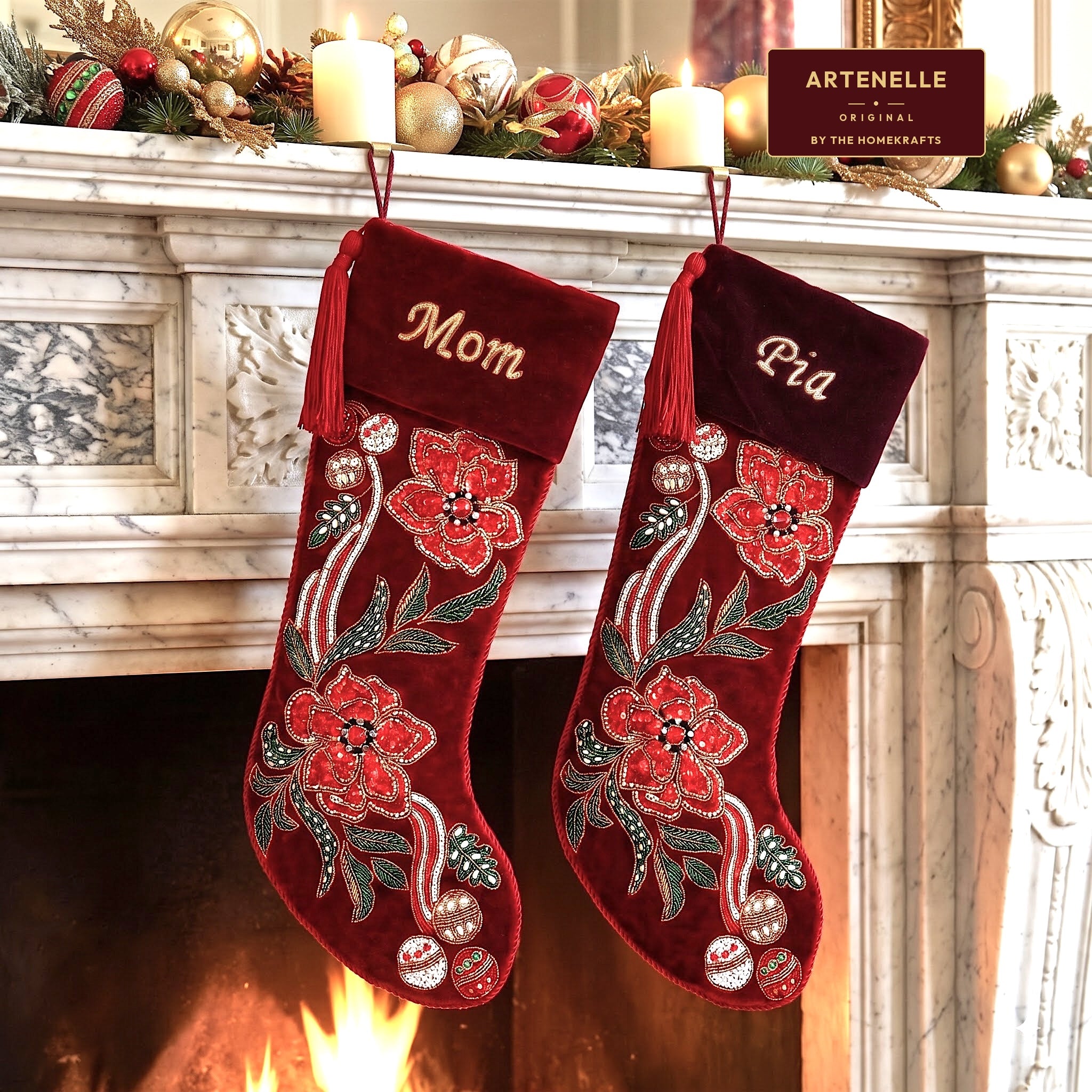 Personalized Poinsettia Red Velvet Christmas Stocking