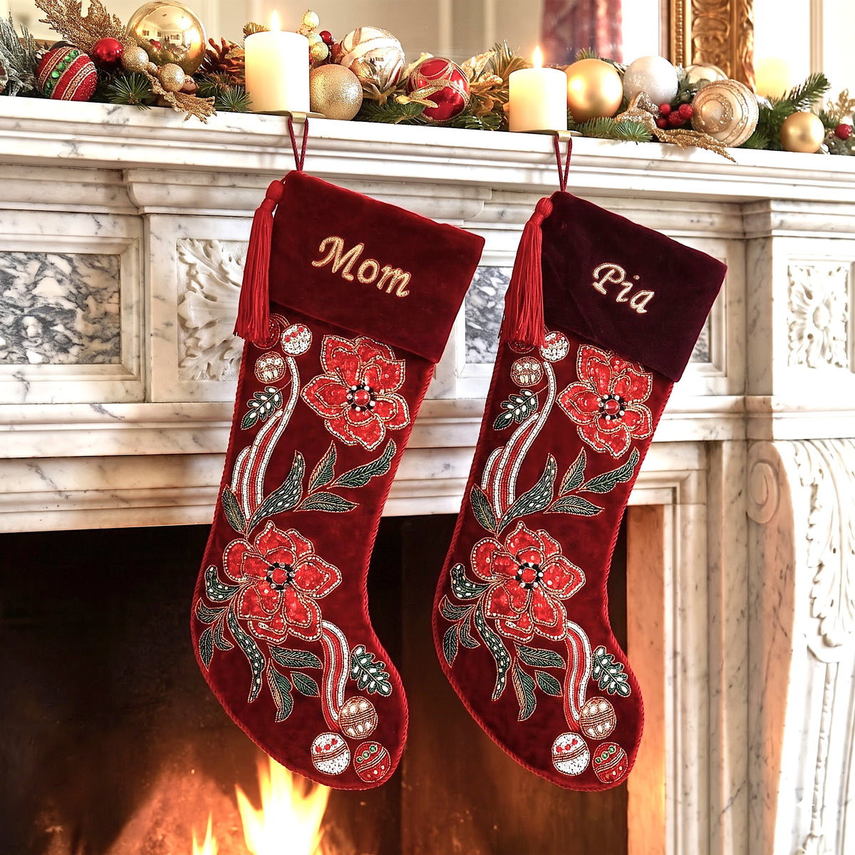 Personalized Poinsettia Red Velvet Christmas Stocking