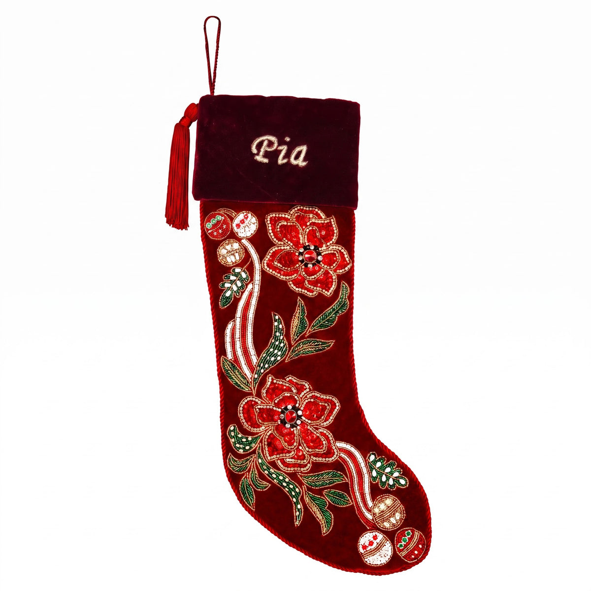 Personalized Poinsettia Red Velvet Christmas Stocking