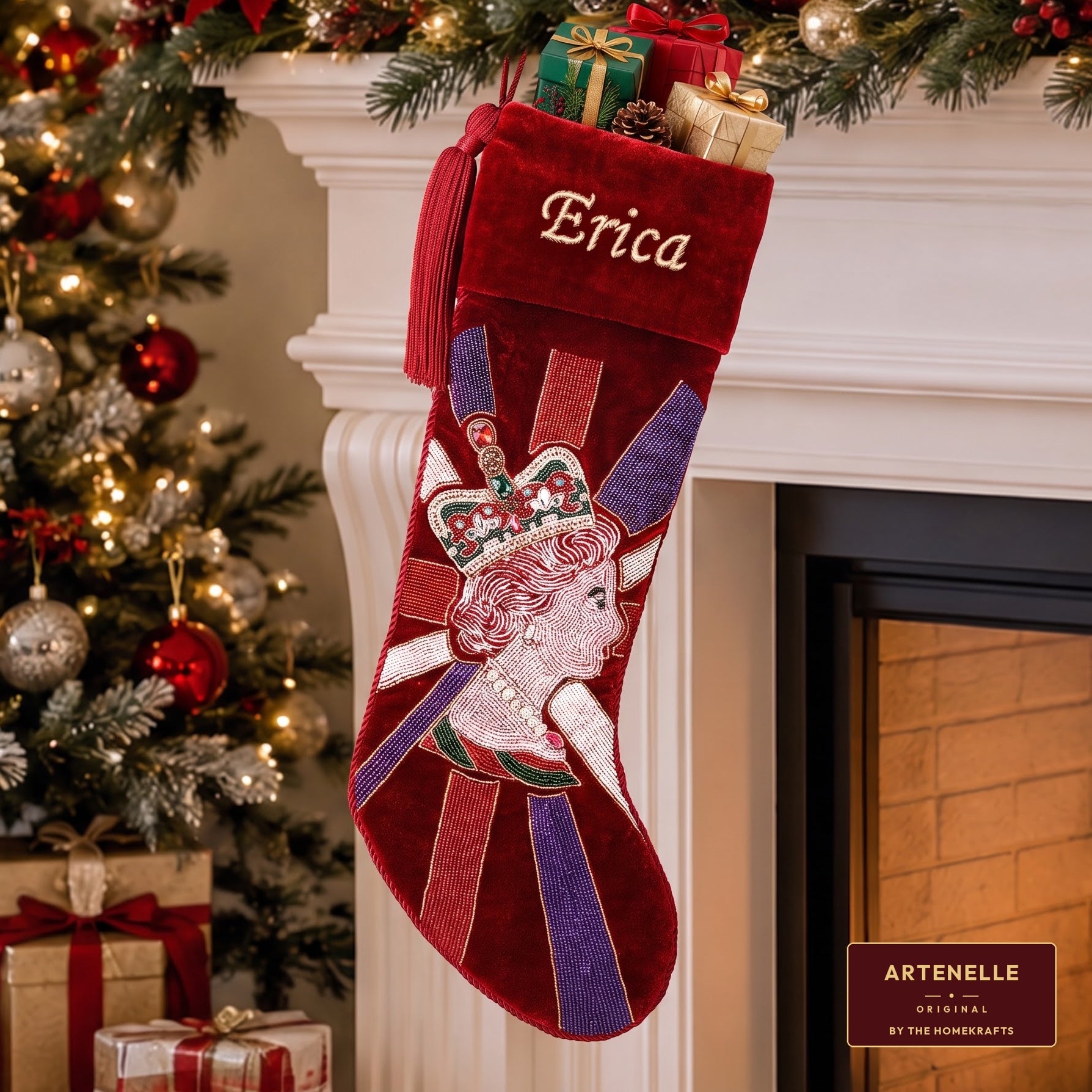 Personalized Royal Queen beaded Red Velvet Christmas Stocking