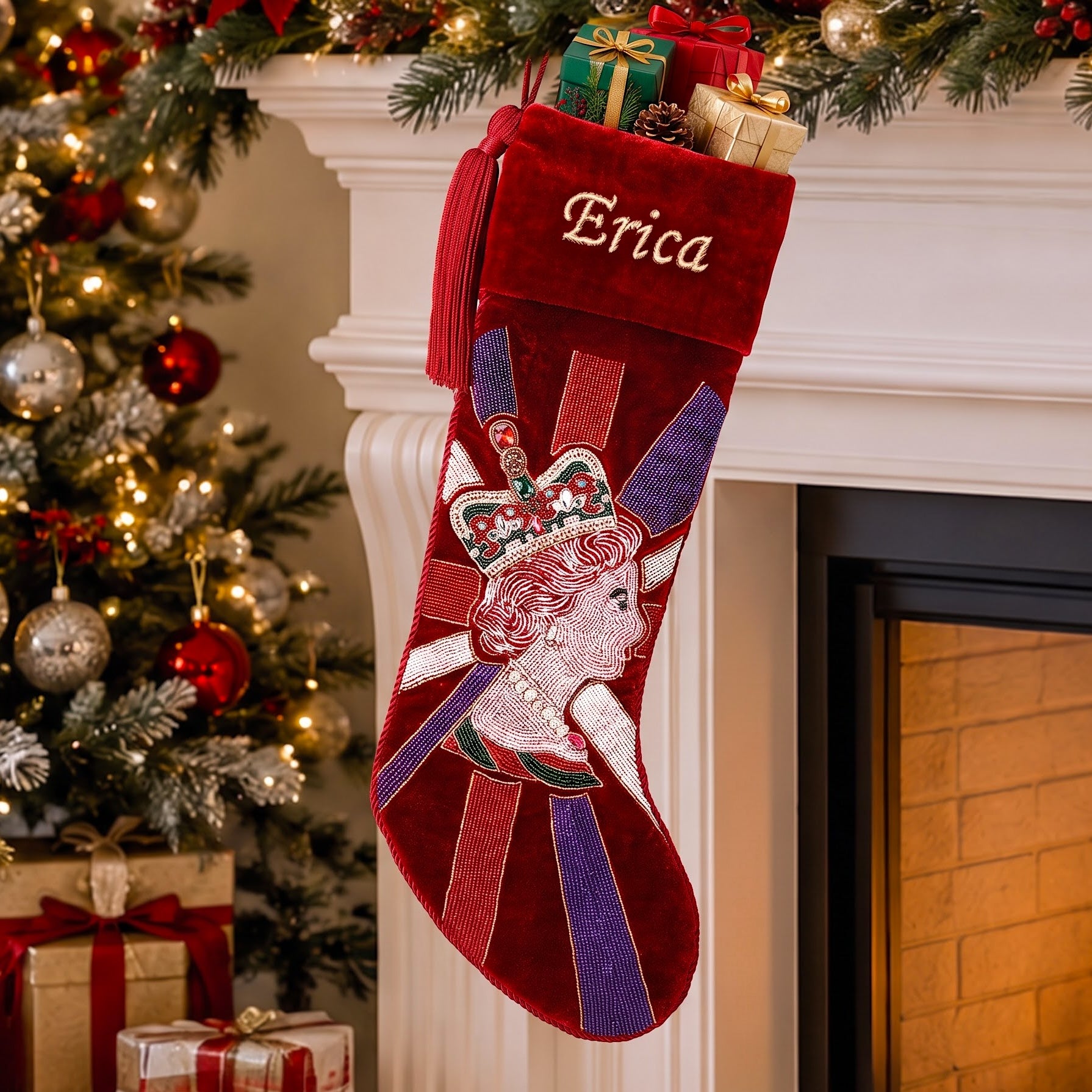 Personalized Royal Queen beaded Red Velvet Christmas Stocking