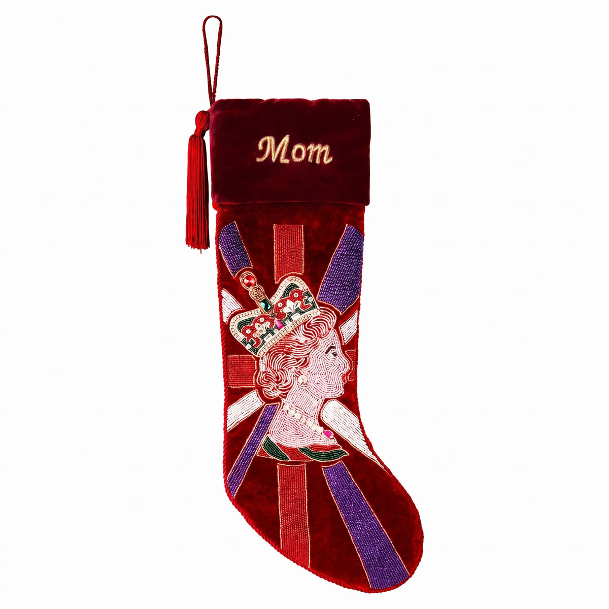Personalized Royal Queen beaded Red Velvet Christmas Stocking
