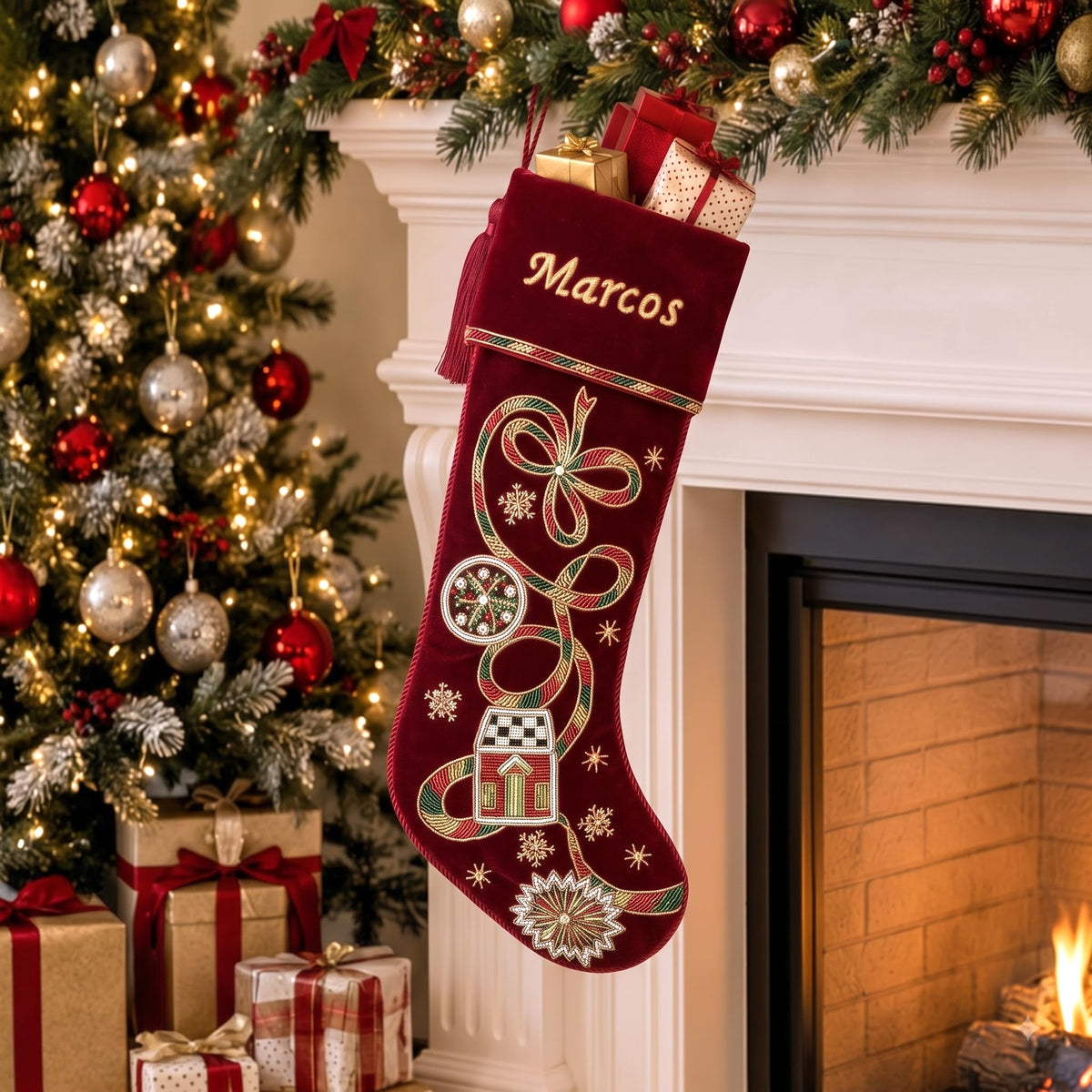 PERSONALISED HOLIDAY RIBBON RED VELVET CHRISTMAS STOCKING