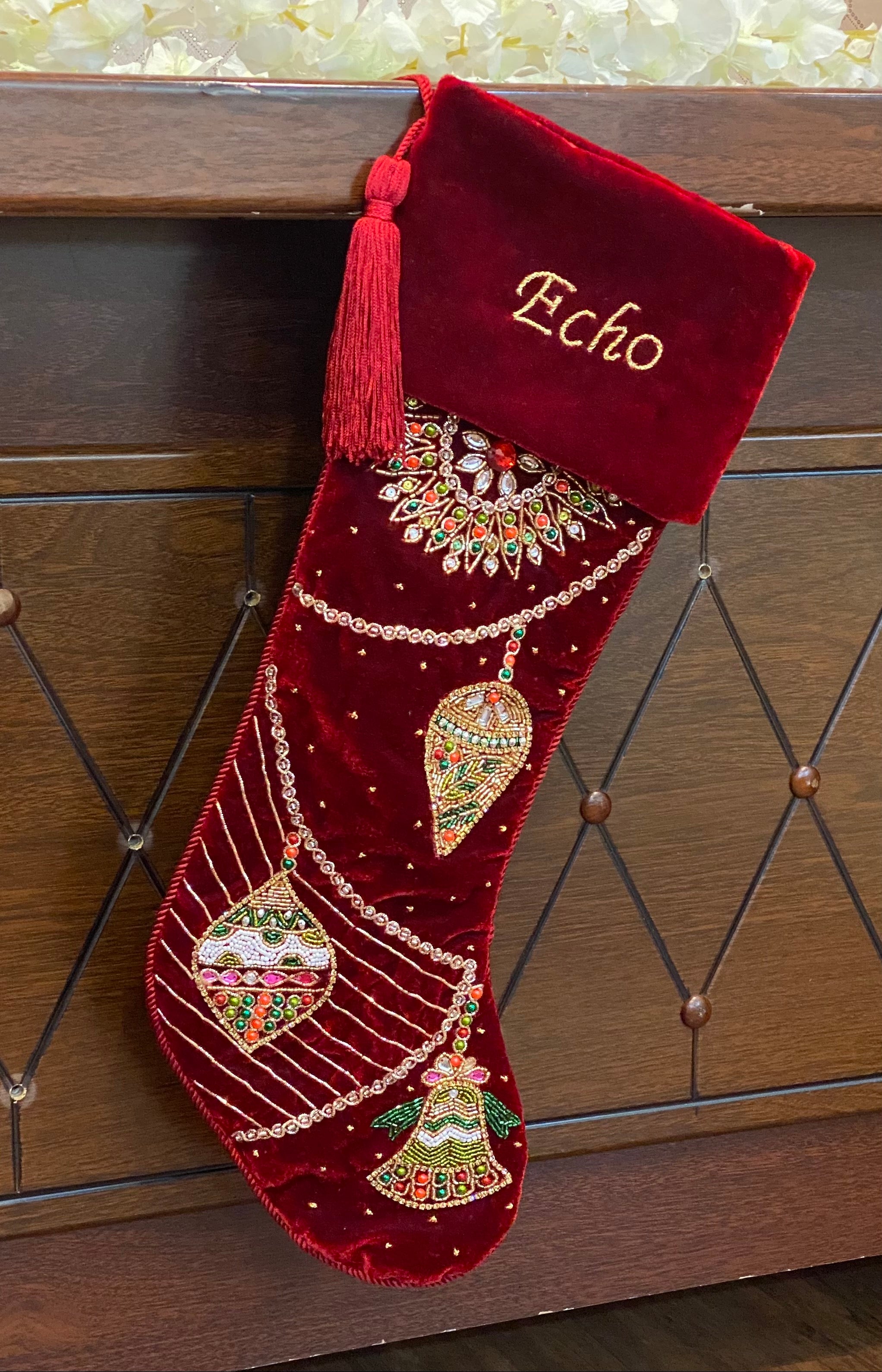 ORNAMENT, INTRICATE LEAF, BELL VELVET RED & WHITE 3 PIECE CHRISTMAS STOCKING SET