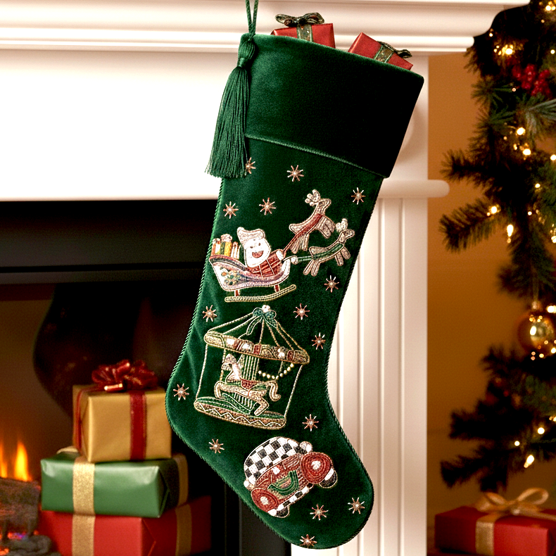 Decorative Christmas stocking with festive designs on a fireplace mantle.