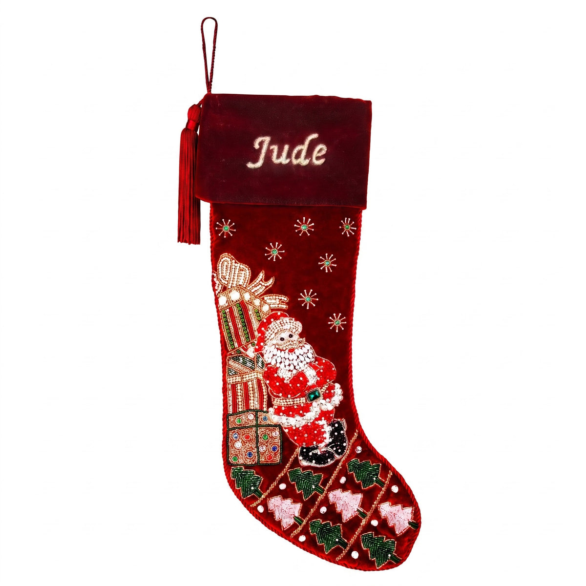 Personalized Santa towering gifts RED VELVET CHRISTMAS STOCKING