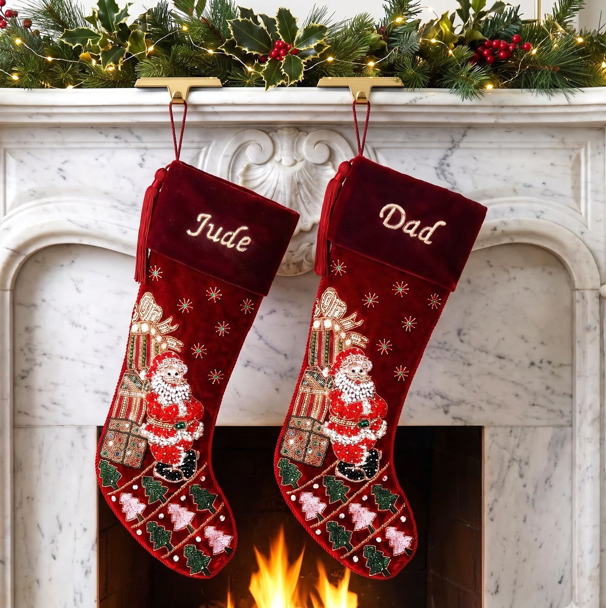 Personalized Santa towering gifts RED VELVET CHRISTMAS STOCKING