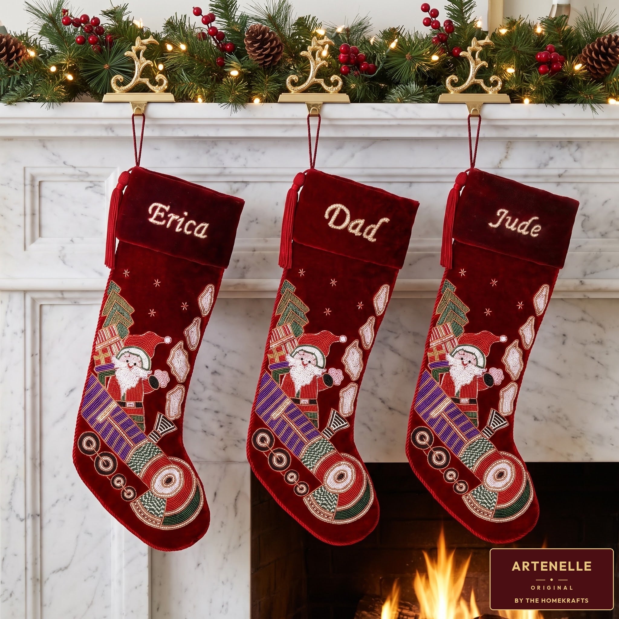 Personalized Beaded Santa on Train Red Velvet Christmas Stocking