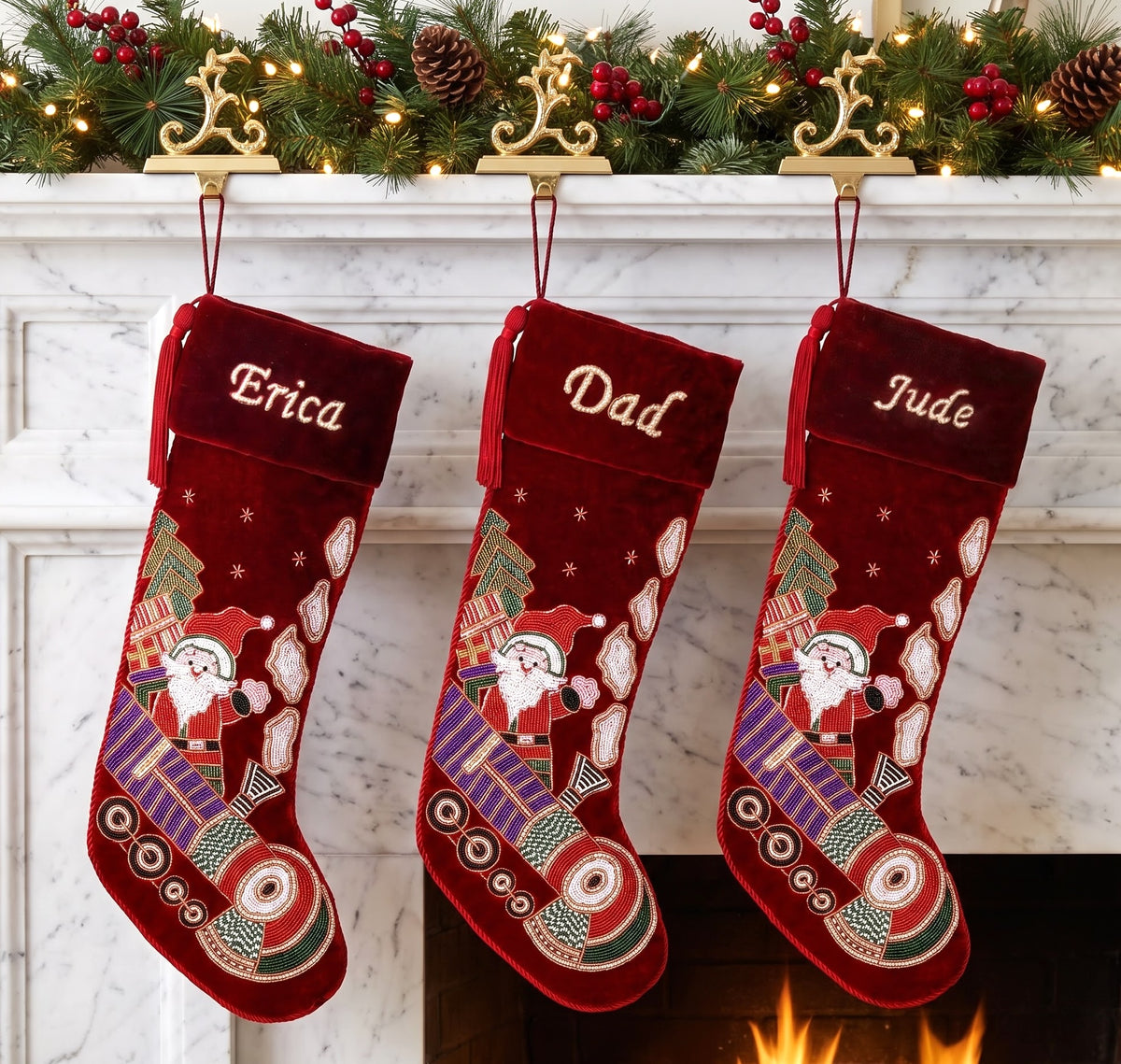 Personalized Beaded Santa on Train Red Velvet Christmas Stocking