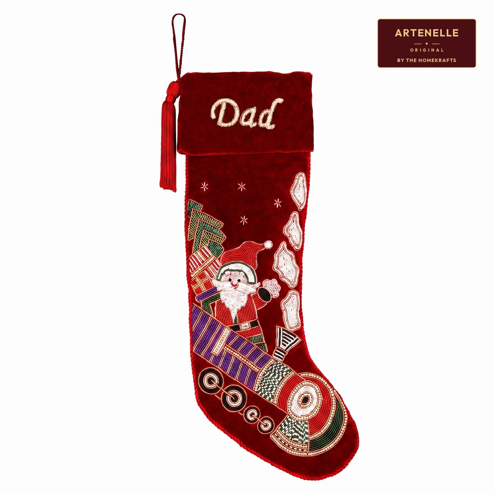 Personalized Beaded Santa on Train Red Velvet Christmas Stocking