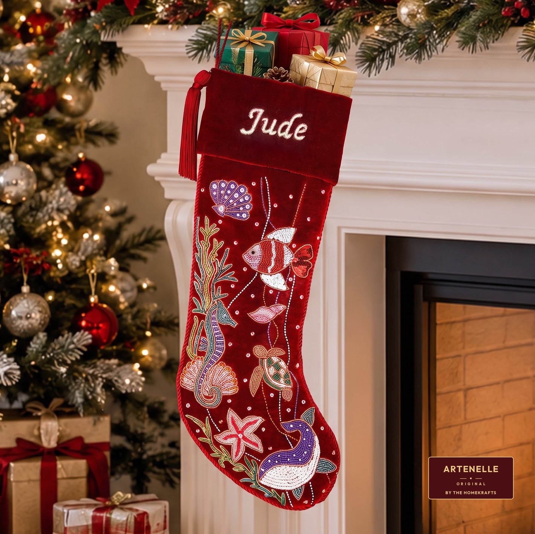 Personalized Beaded Ocean Red Velvet Christmas Stocking