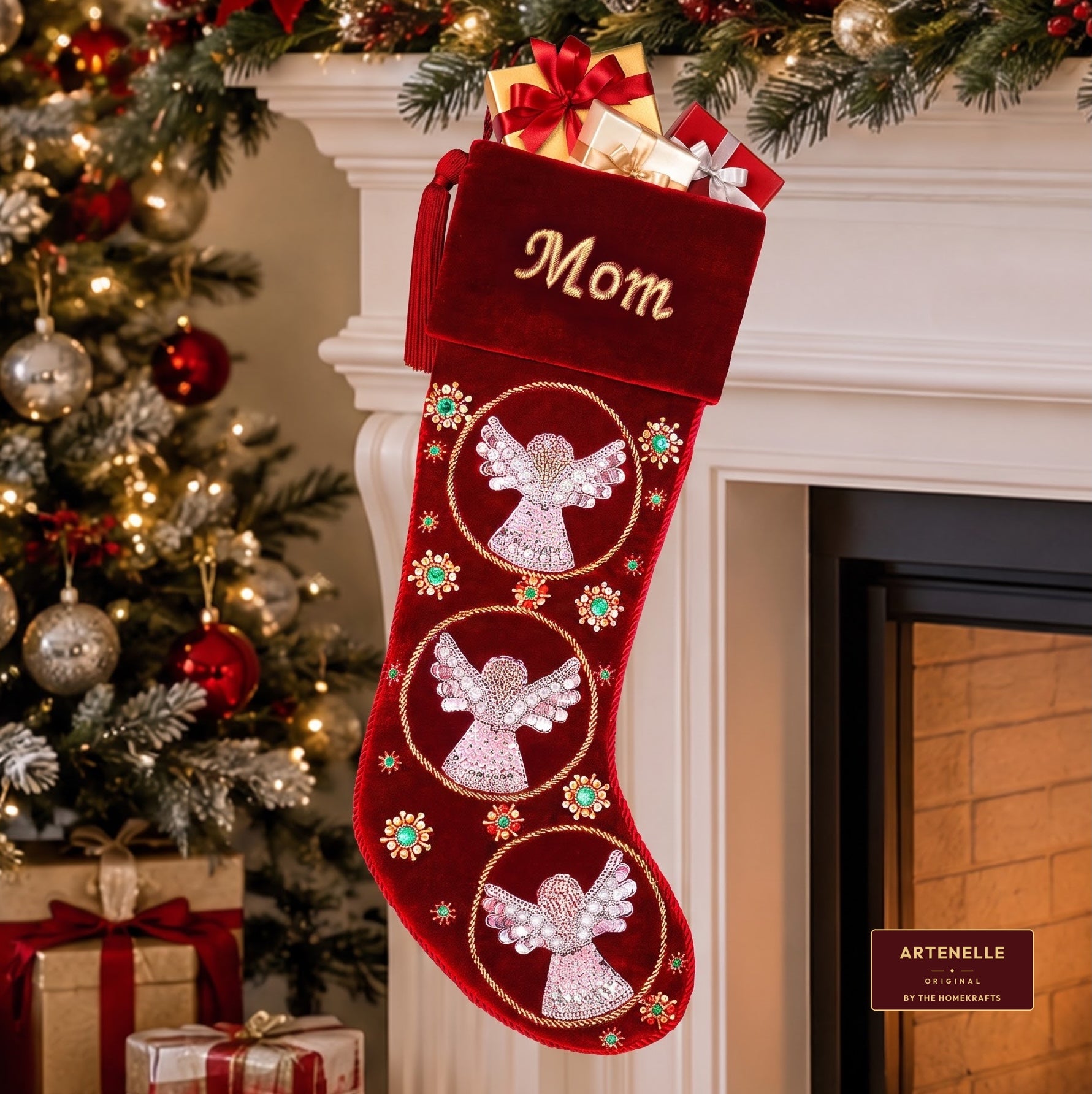 Beaded Snow Angels Red Velvet Personalized Christmas stocking