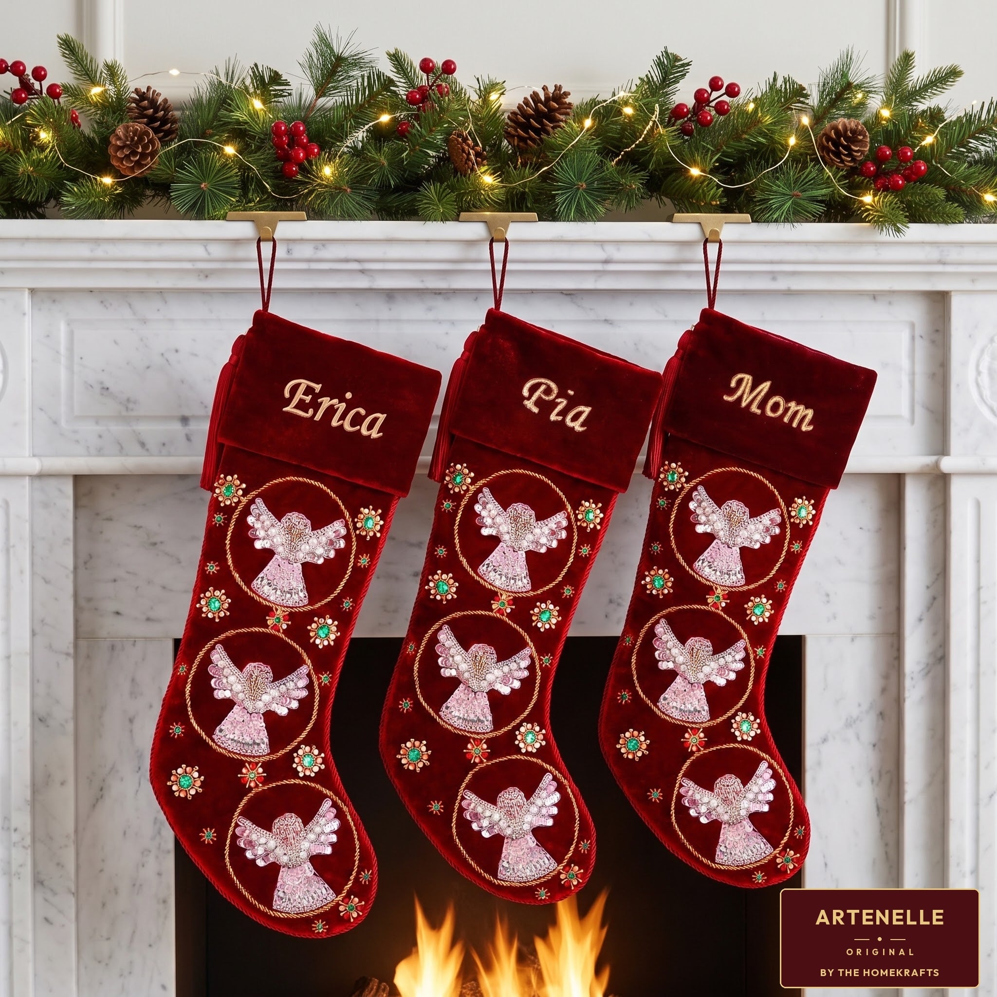 Beaded Snow Angels Red Velvet Personalized Christmas stocking