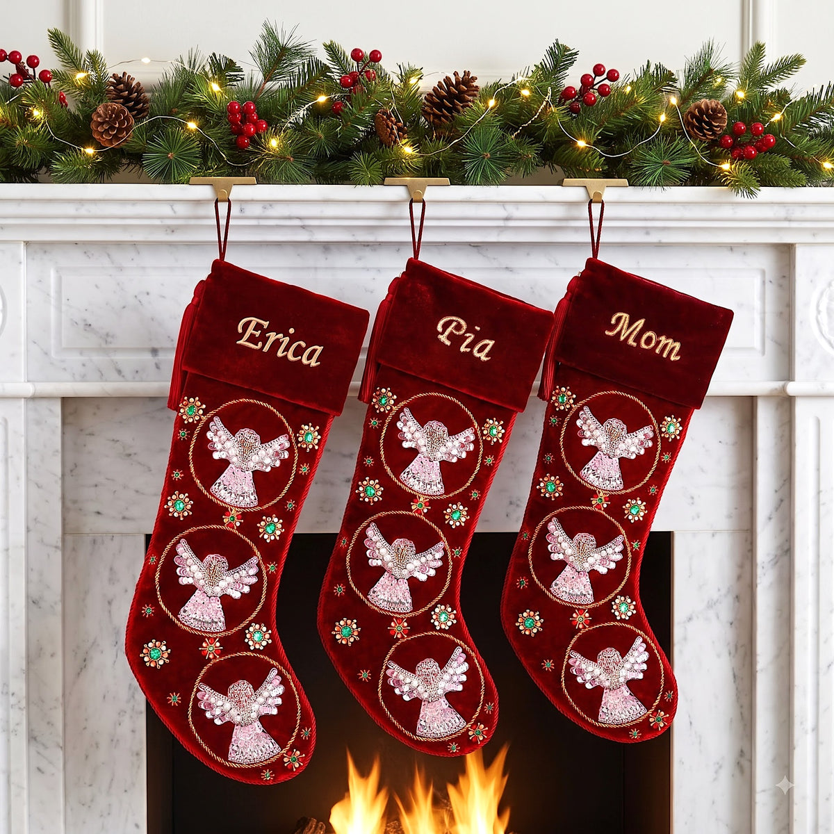Beaded Snow Angels Red Velvet Personalized Christmas stocking
