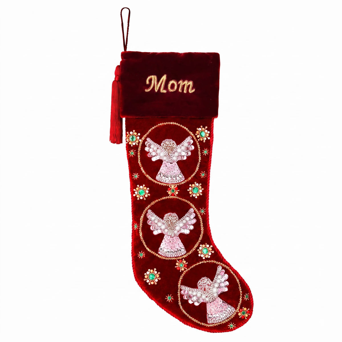 Beaded Snow Angels Red Velvet Personalized Christmas stocking