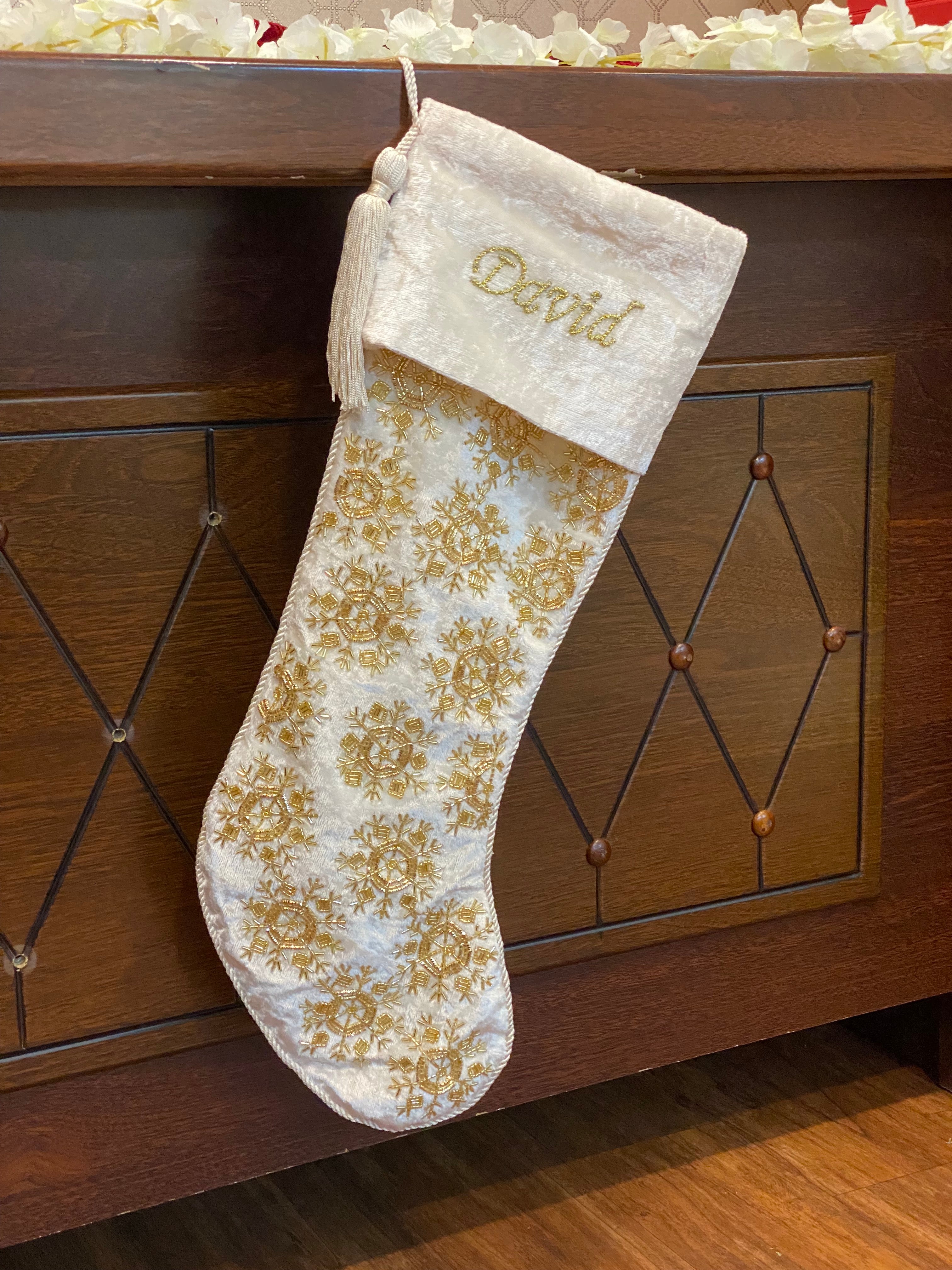 PERSONALISED BEADED SNOWFLAKE WHITE VELVET CHRISTMAS STOCKING