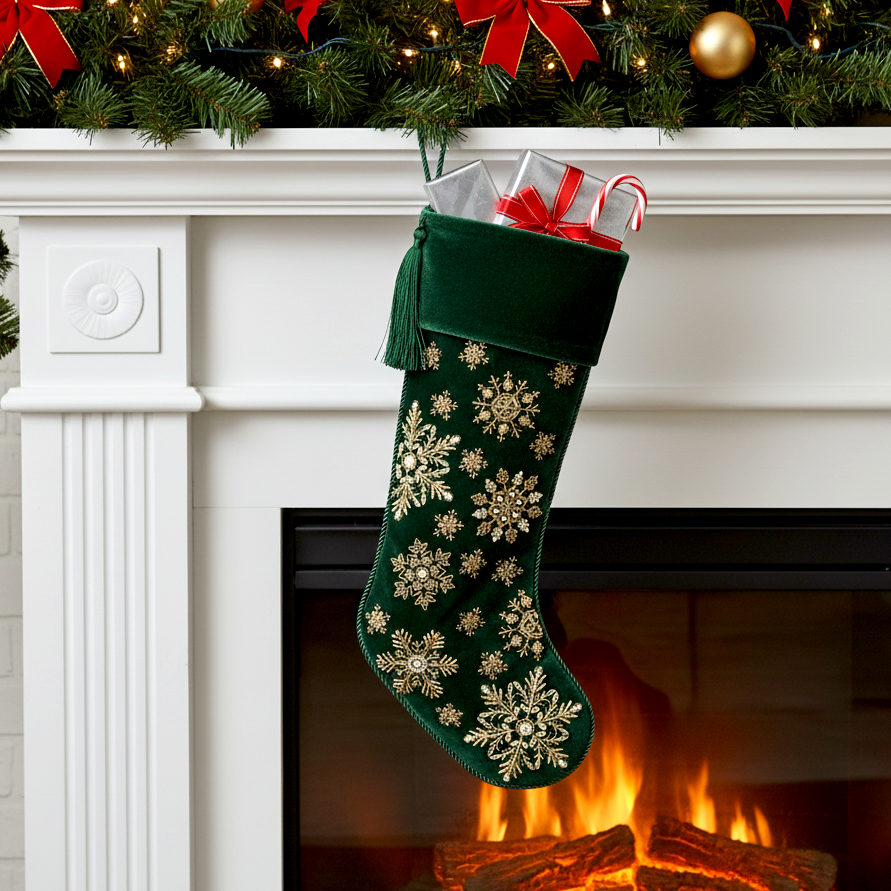 PERSONALISED STARRY SNOWFLAKE GREEN VELVET CHRISTMAS STOCKING