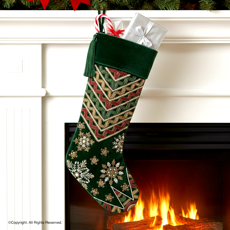 PERSONALISED STARBURST SNOWFLAKE GREEN VELVET CHRISTMAS STOCKING