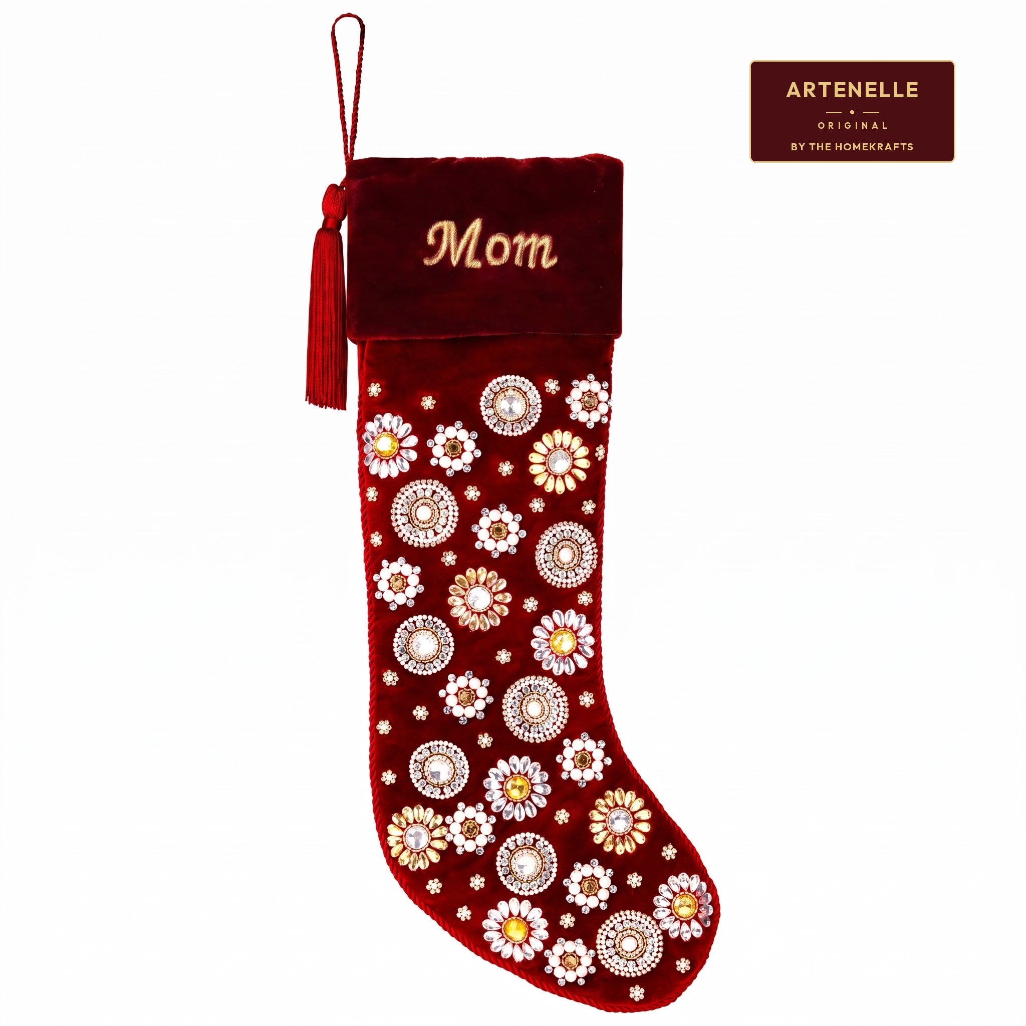 Beaded Jeweled Personalized Red Velvet Christmas Stocking