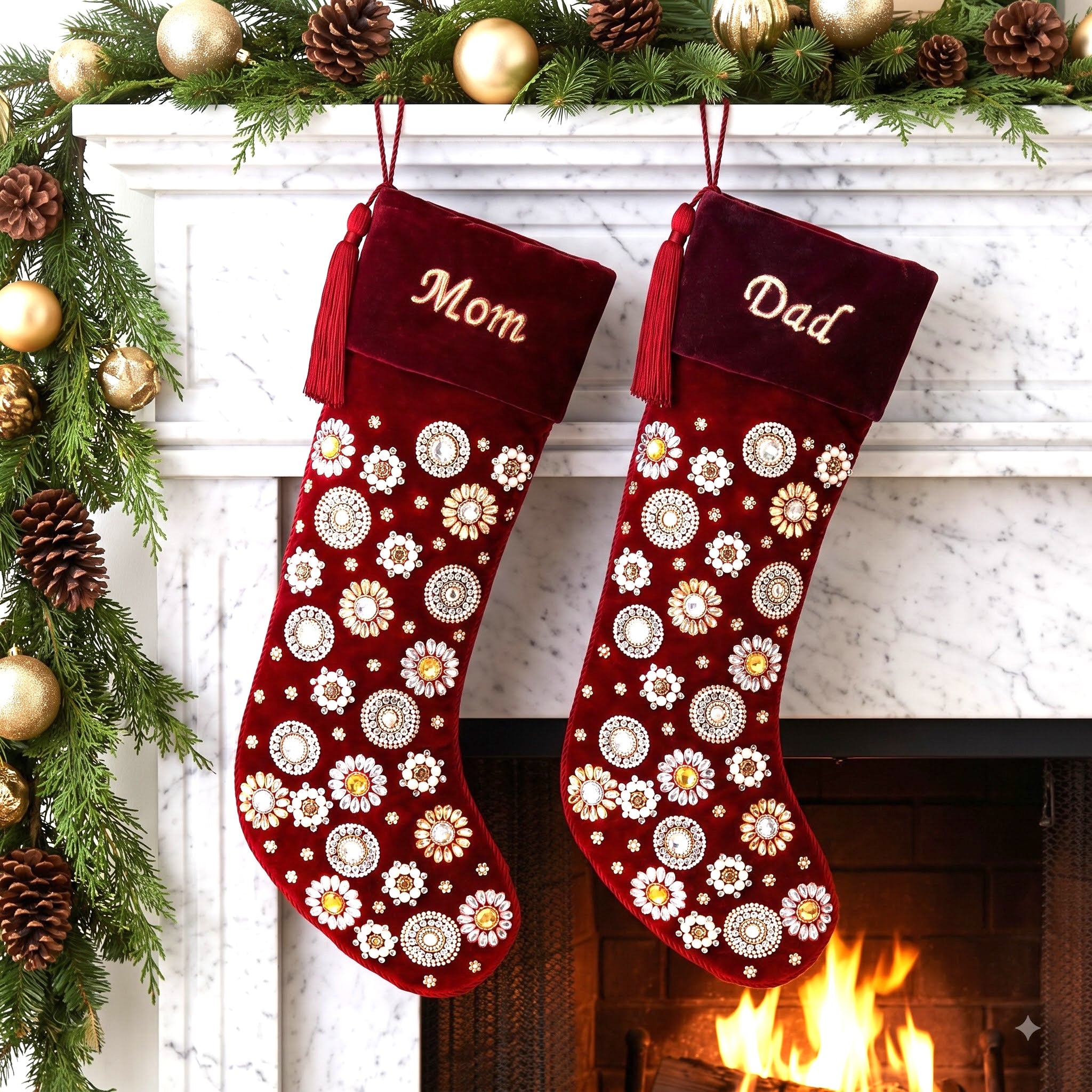 Beaded Jeweled Personalized Red Velvet Christmas Stocking