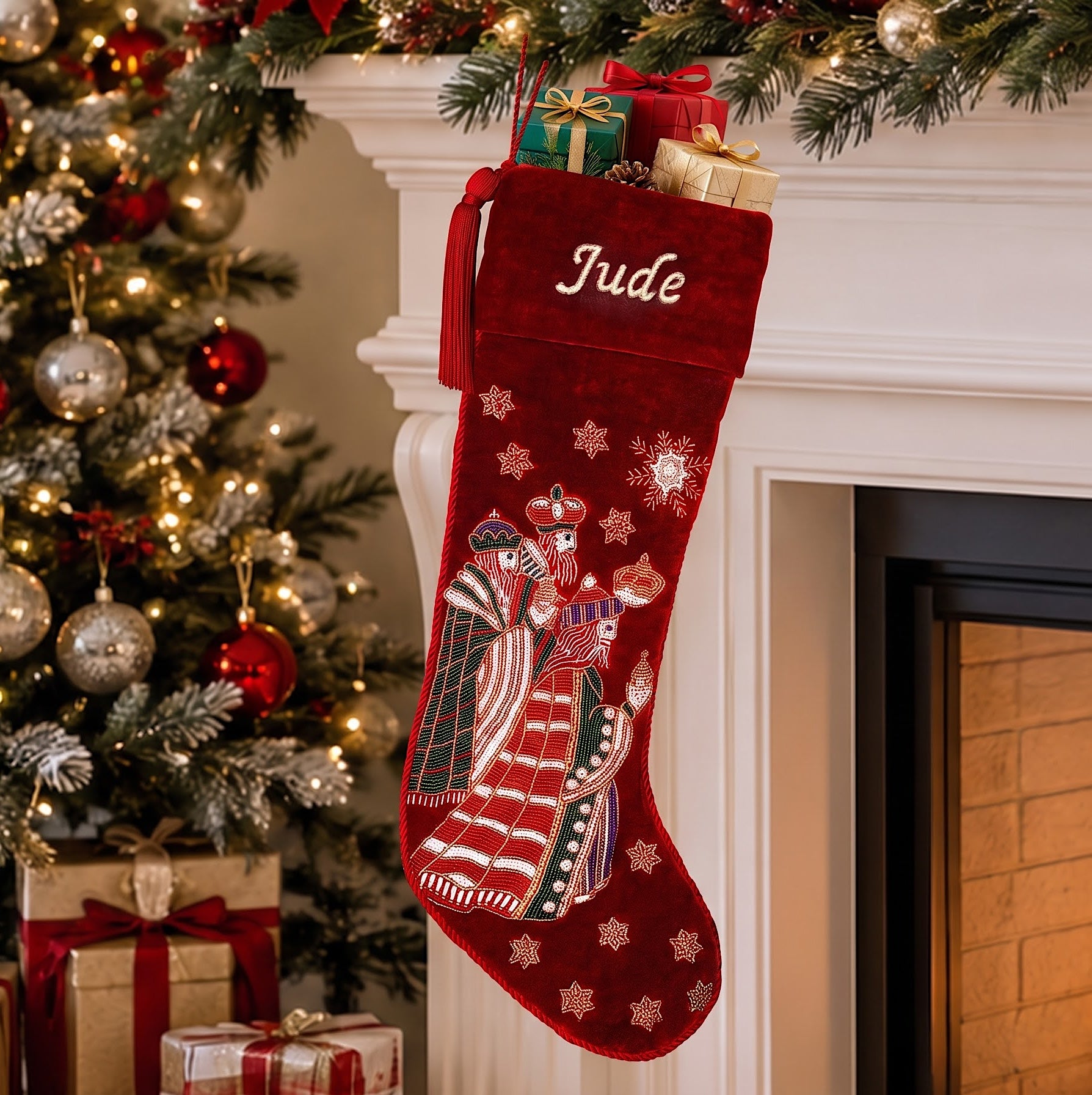 Personalized Beaded Three Kings Red Velvet Christmas Stocking