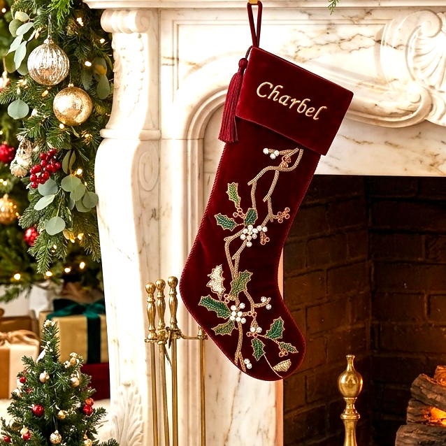PERSONALISED FLORAL WREATH RED CHRISTMAS WREATH STOCKING