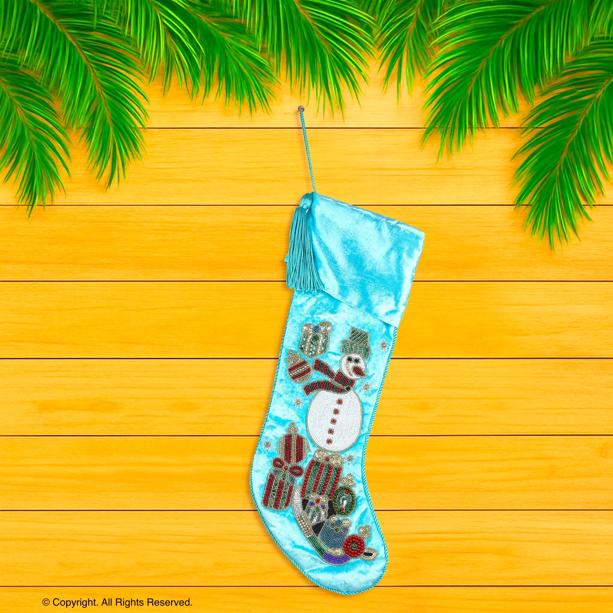 PERSONALISED SNOWMAN BLUE VELVET CHRISTMAS STOCKING