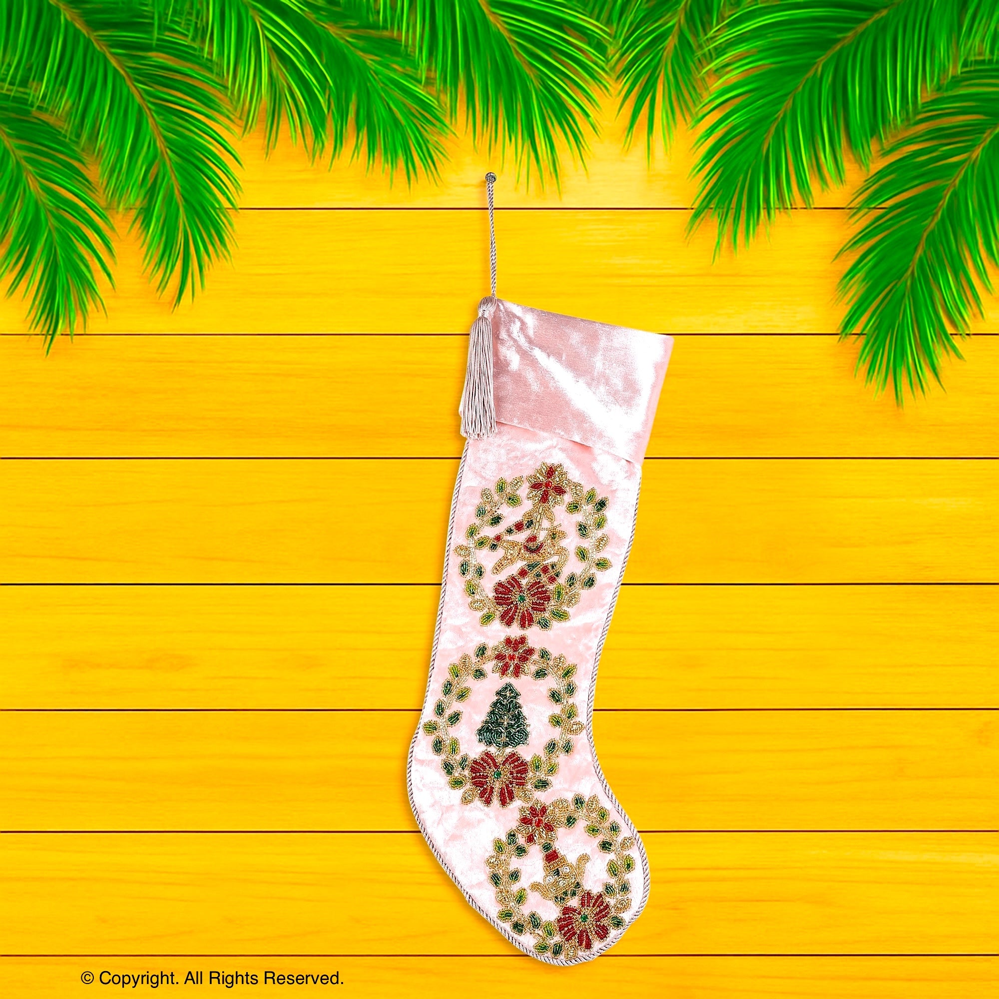PERSONALISED WREATH PINK VELVET CHRISTMAS STOCKING