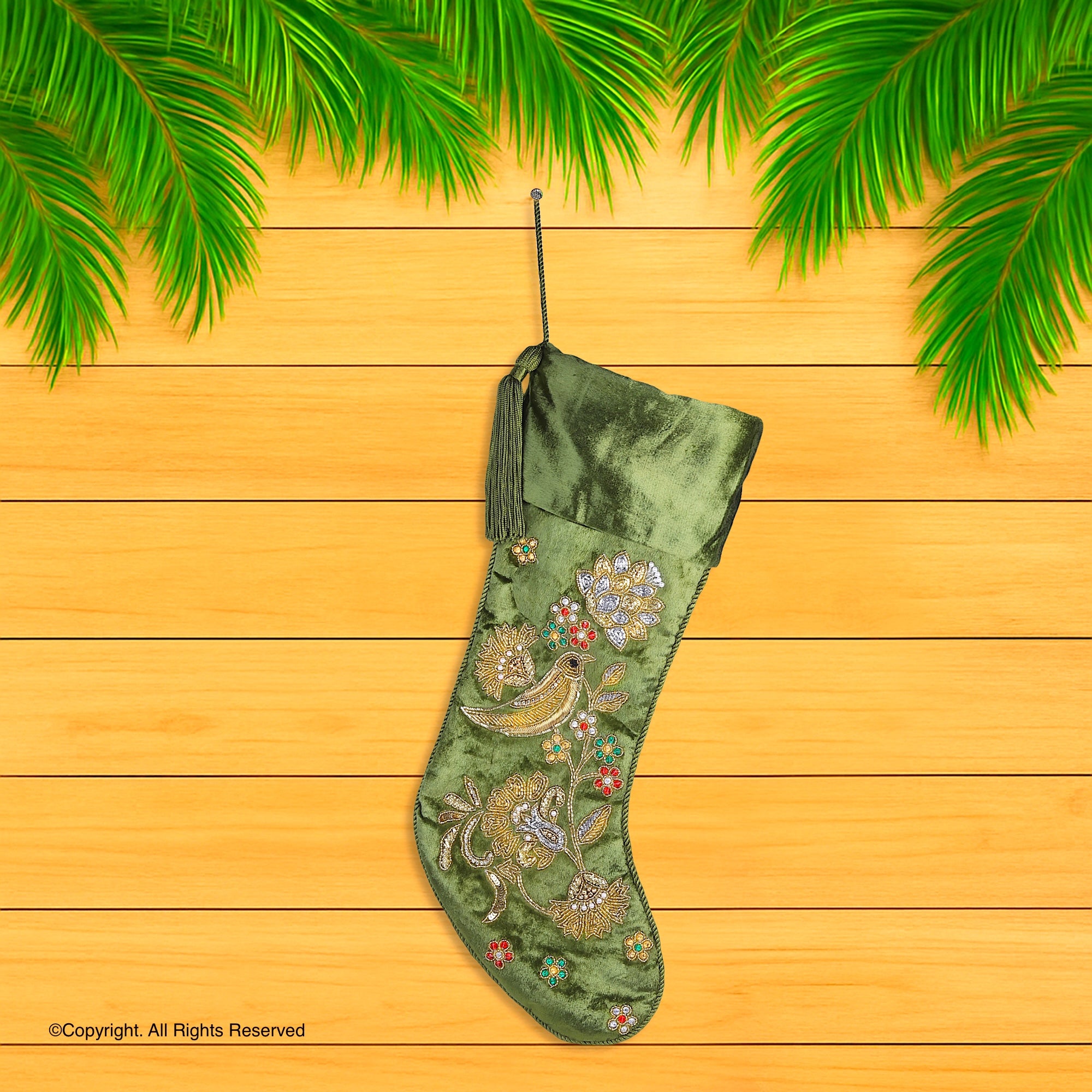 PERSONALISED PARTRIDGE NOEL SONGBIRD GREEN VELVET CHRISTMAS STOCKING
