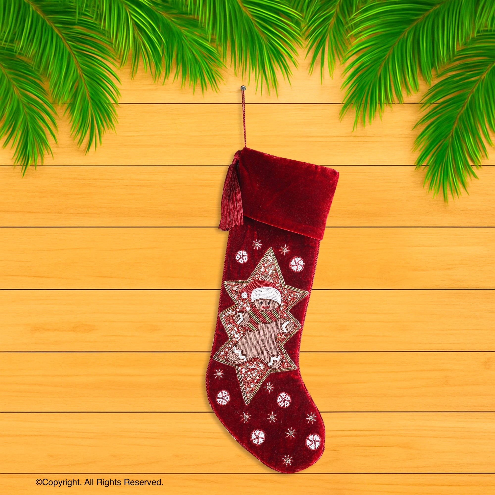PERSONALISED GINGERBRED STAR RED VELVET CHRISTMAS STOCKING
