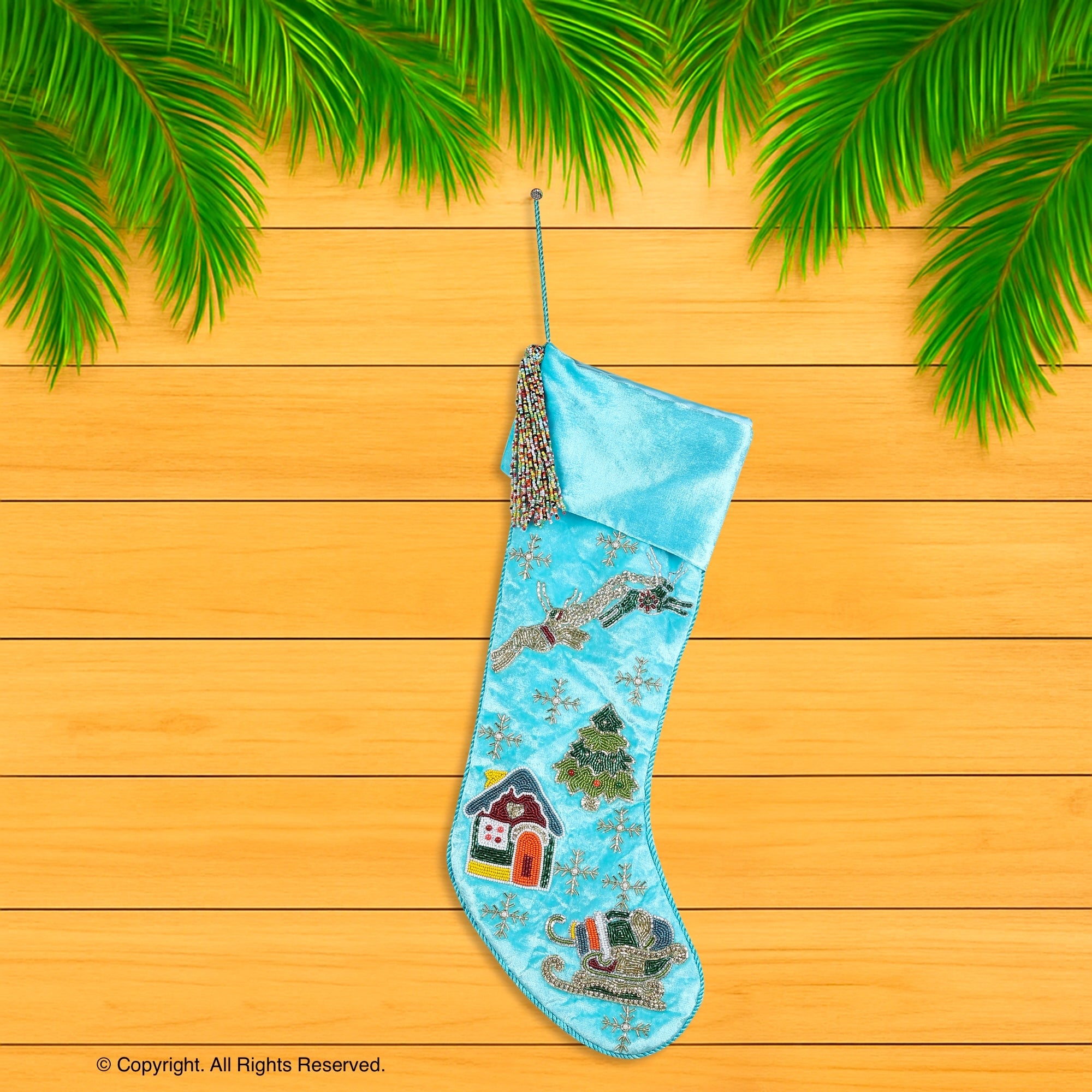 PERSONALISED 'REINDEER OVER THE CITY' BLUE VELVET CHRISTMAS STOCKING