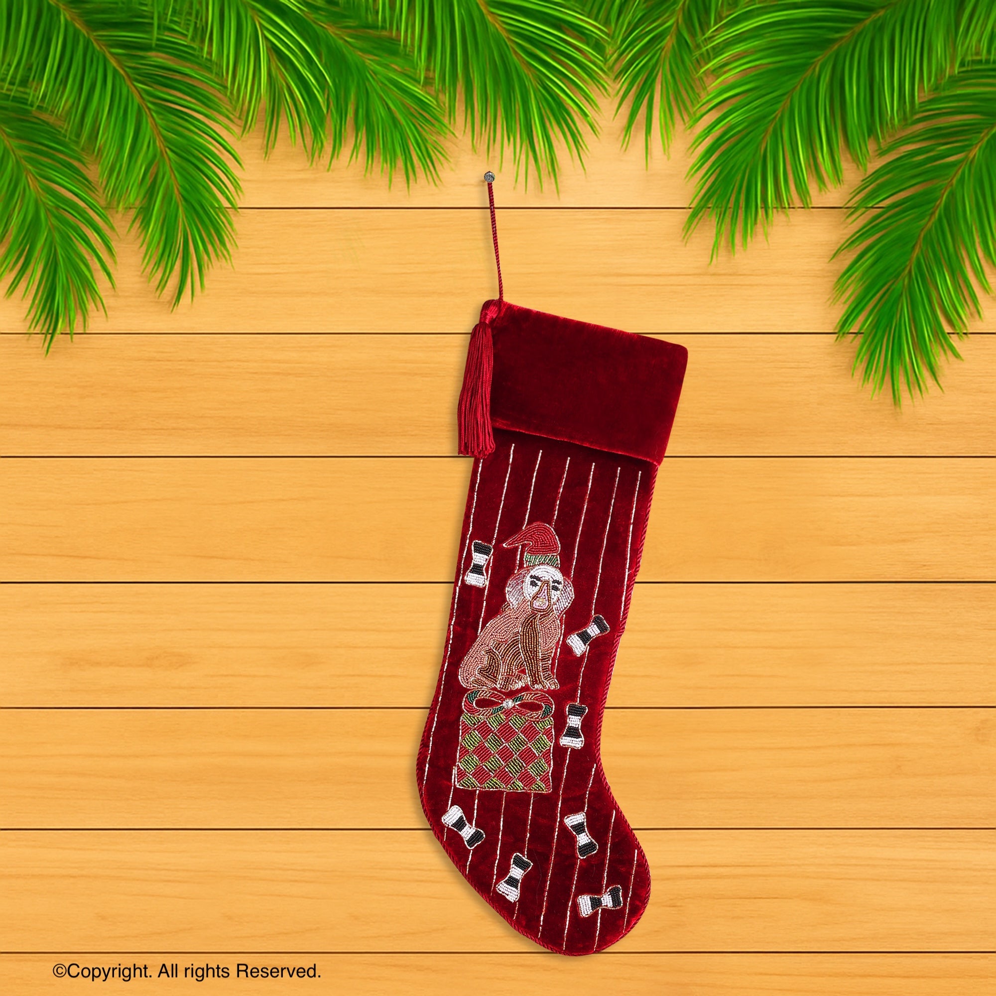PERSONALISED MERRY DOG AND BONE RED VELVET CHRISTMAS STOCKING