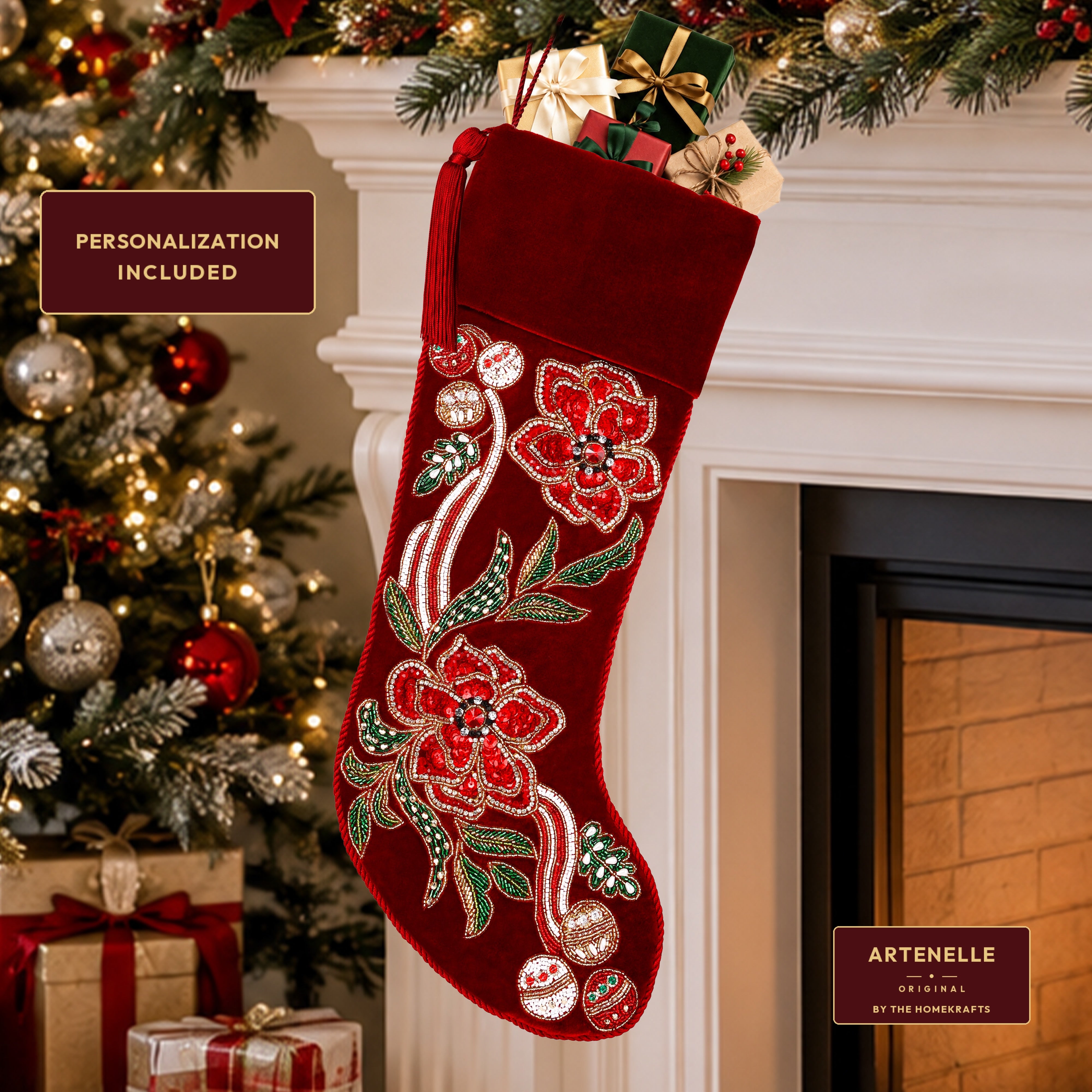 Personalized Poinsettia Red Velvet Christmas Stocking