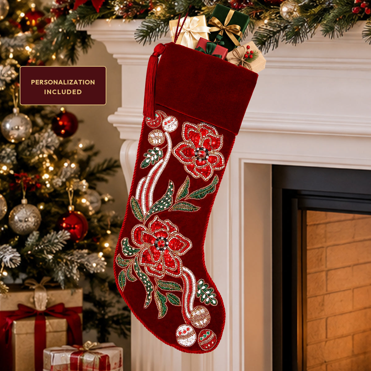 Personalized Poinsettia Red Velvet Christmas Stocking