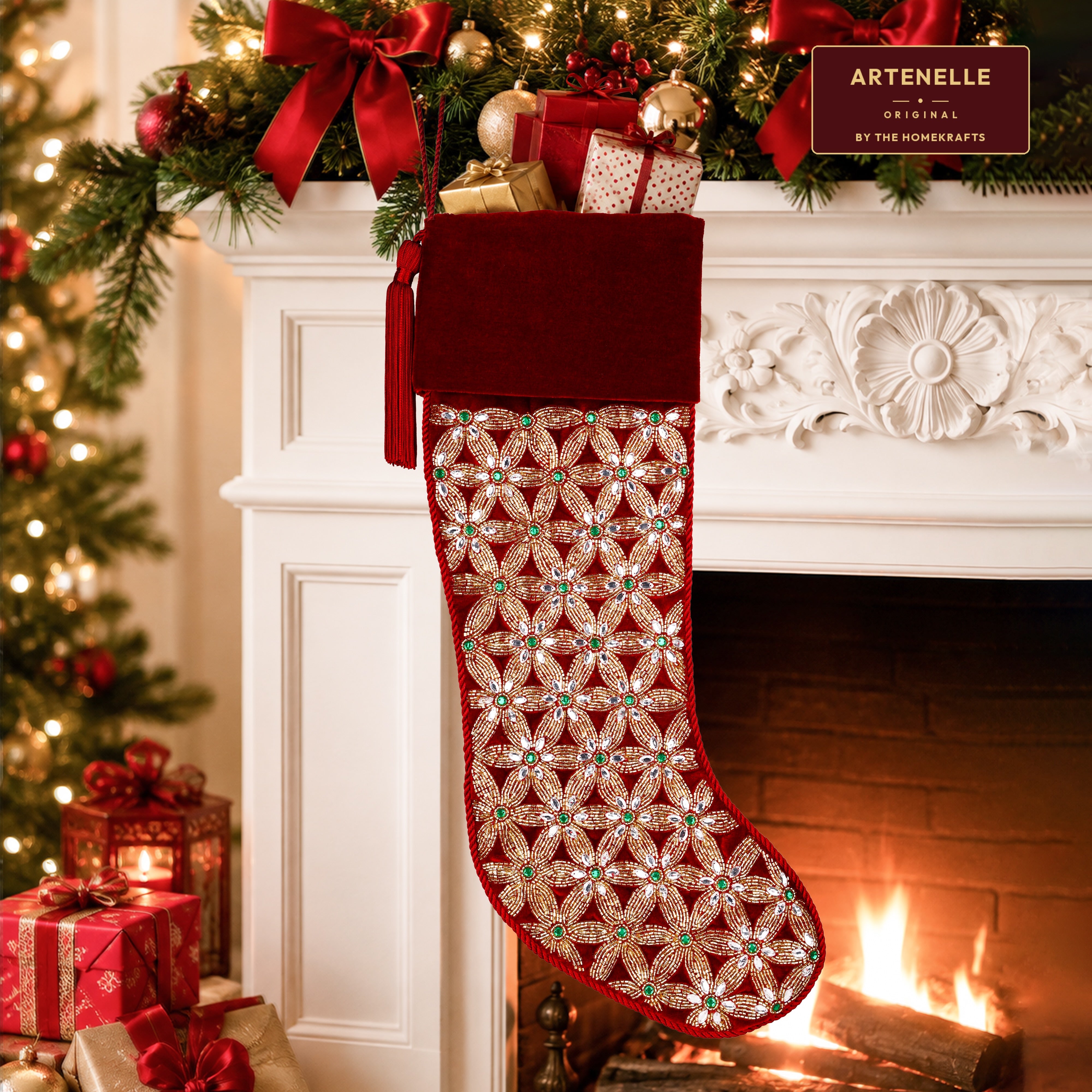 PERSONALISED Holiday Mosaic RED VELVET CHRISTMAS STOCKING