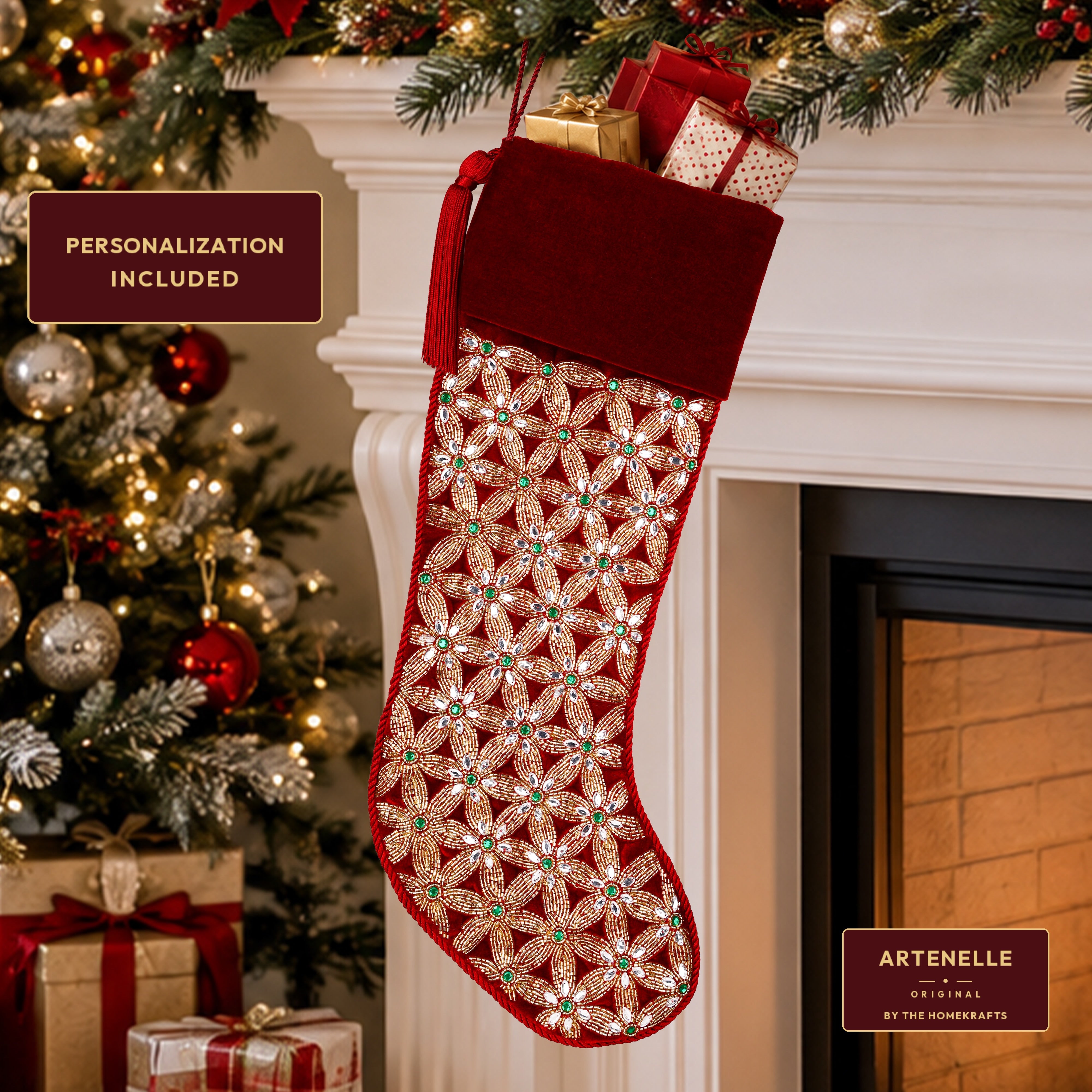 PERSONALISED Holiday Mosaic RED VELVET CHRISTMAS STOCKING