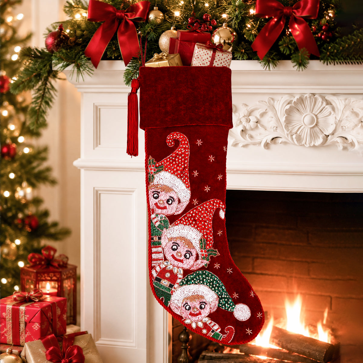 Personalized Beaded Elf Red Velvet Christmas Stocking