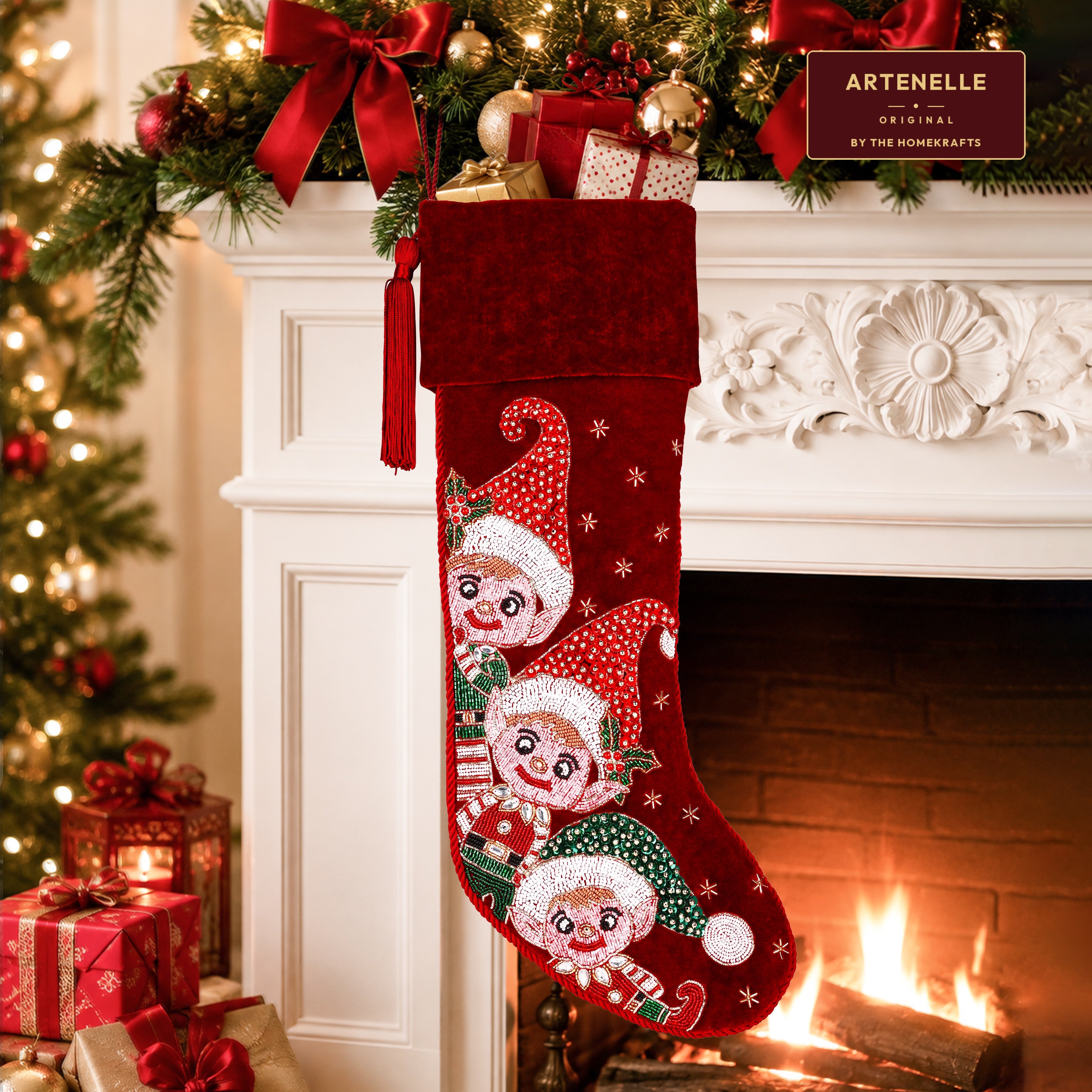 Personalized Beaded Elf Red Velvet Christmas Stocking
