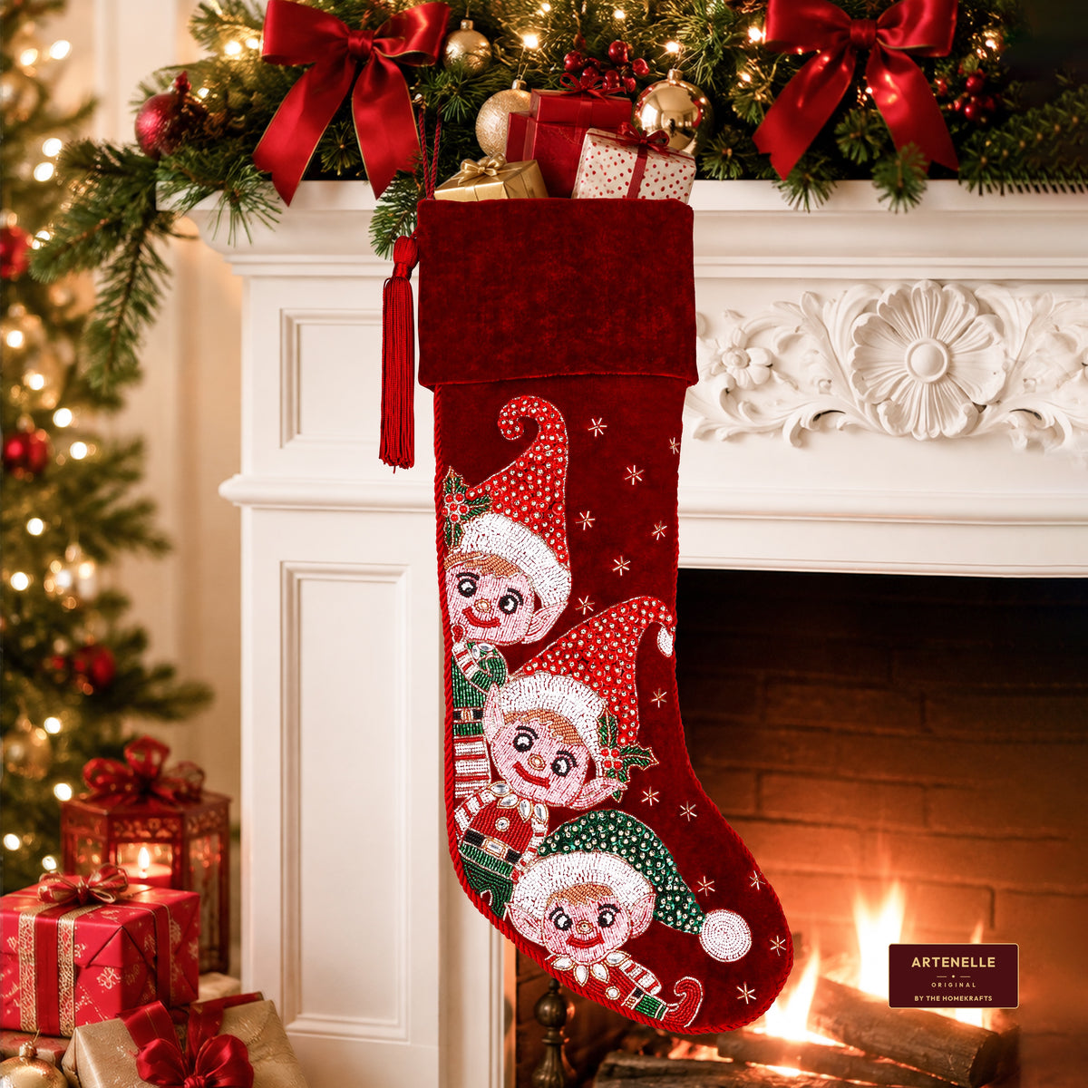 Personalized Beaded Elf Red Velvet Christmas Stocking
