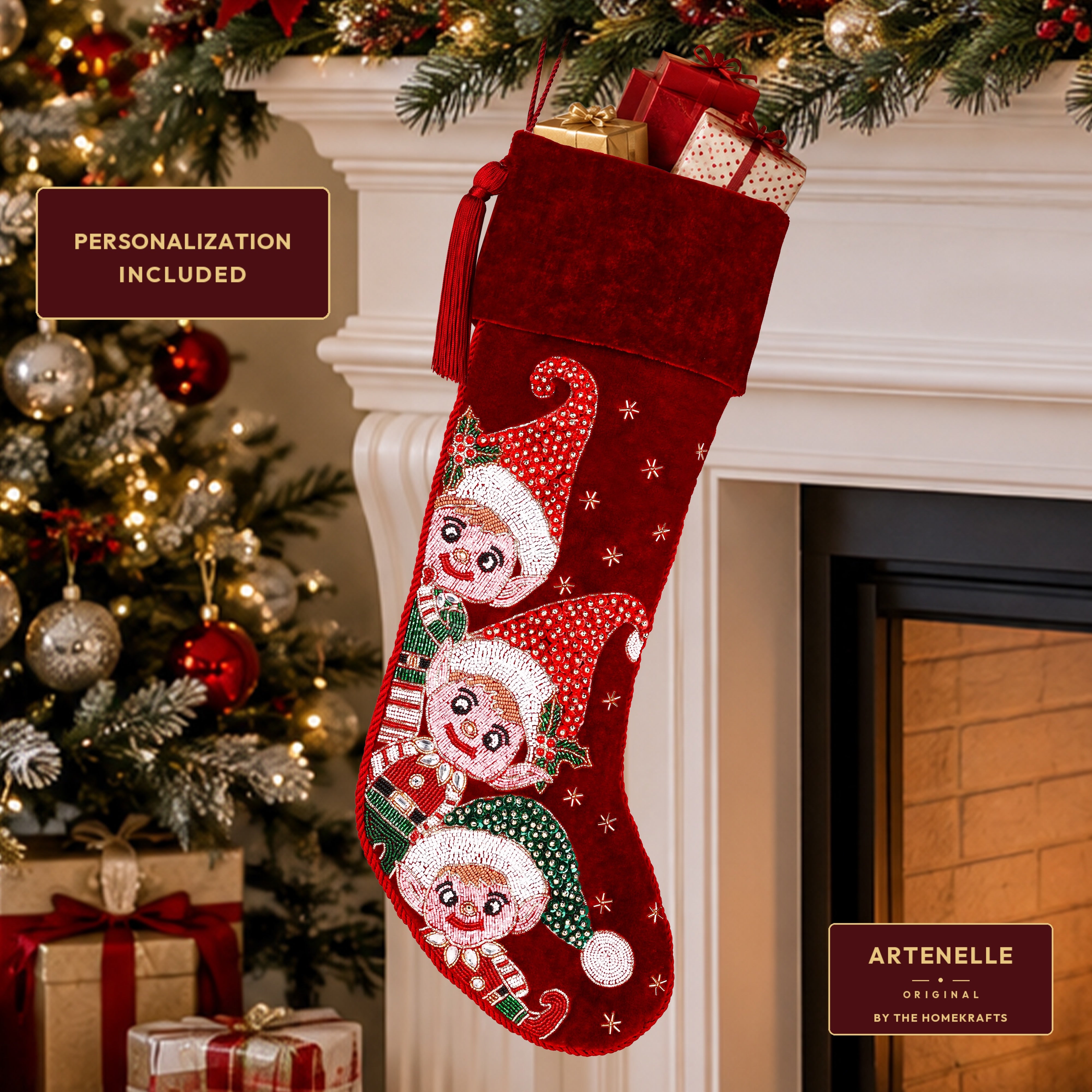 Personalized Beaded Elf Red Velvet Christmas Stocking
