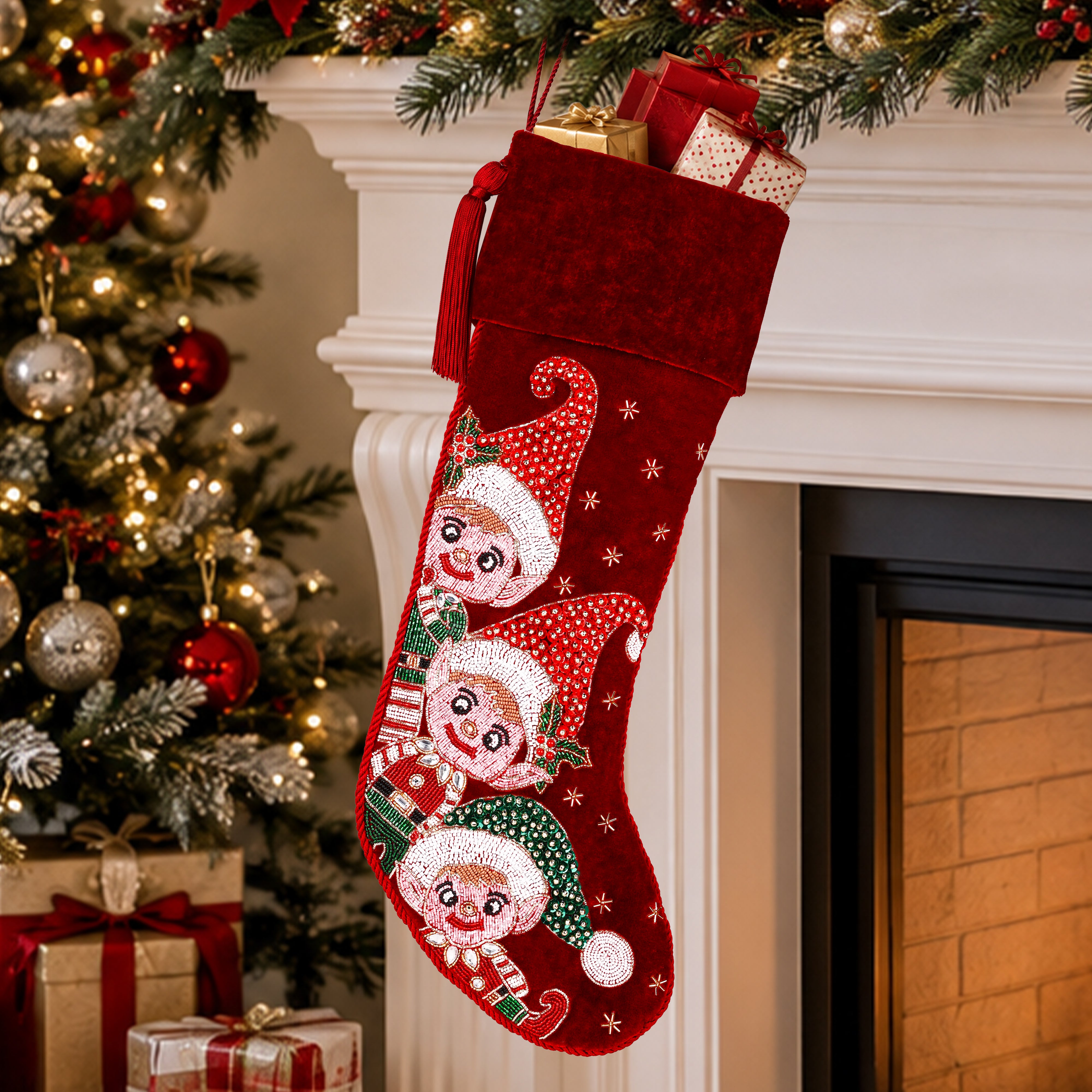 Personalized Beaded Elf Red Velvet Christmas Stocking