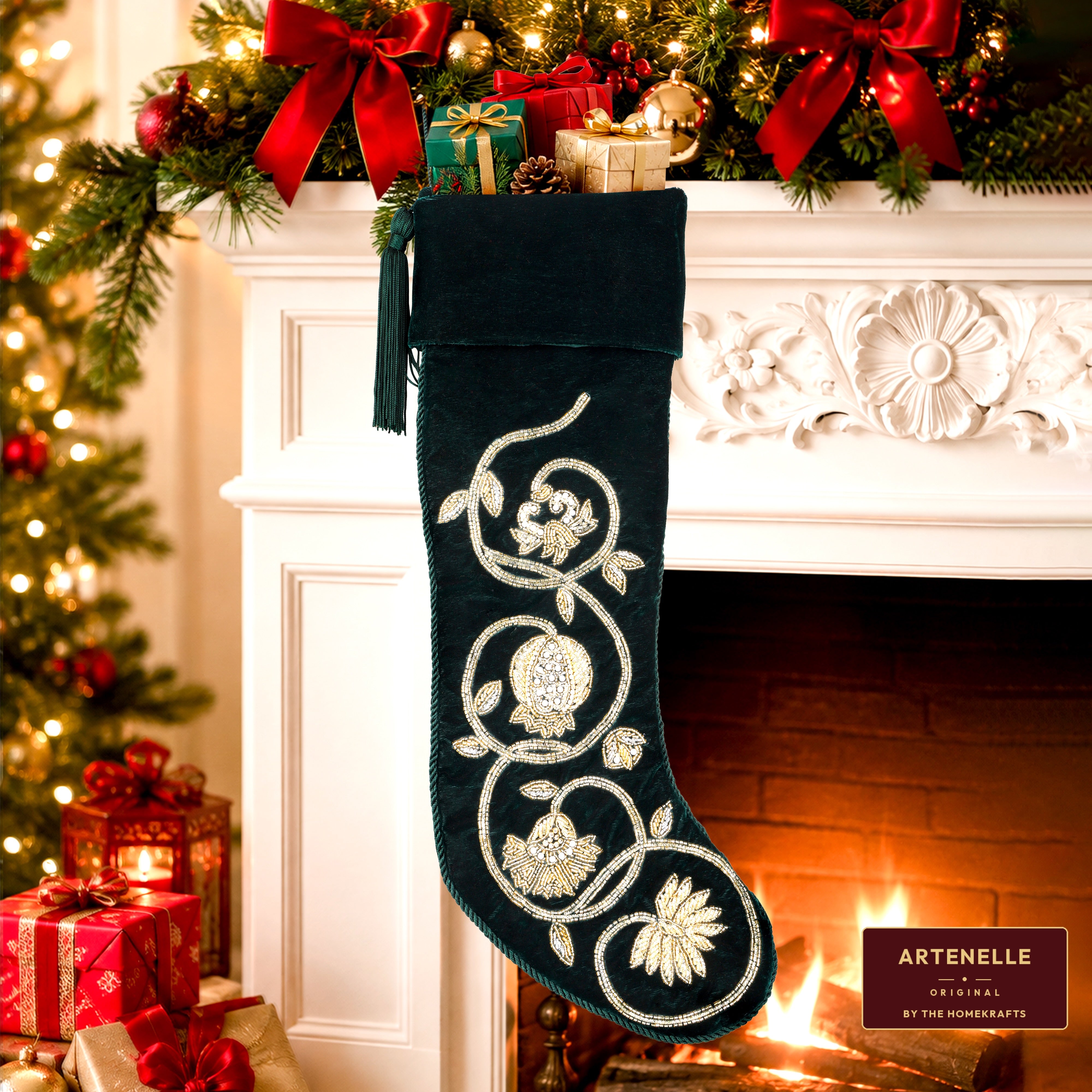 PERSONALIZED GREEN VELVET Christmas Stocking - GOLDEN GARLAND
