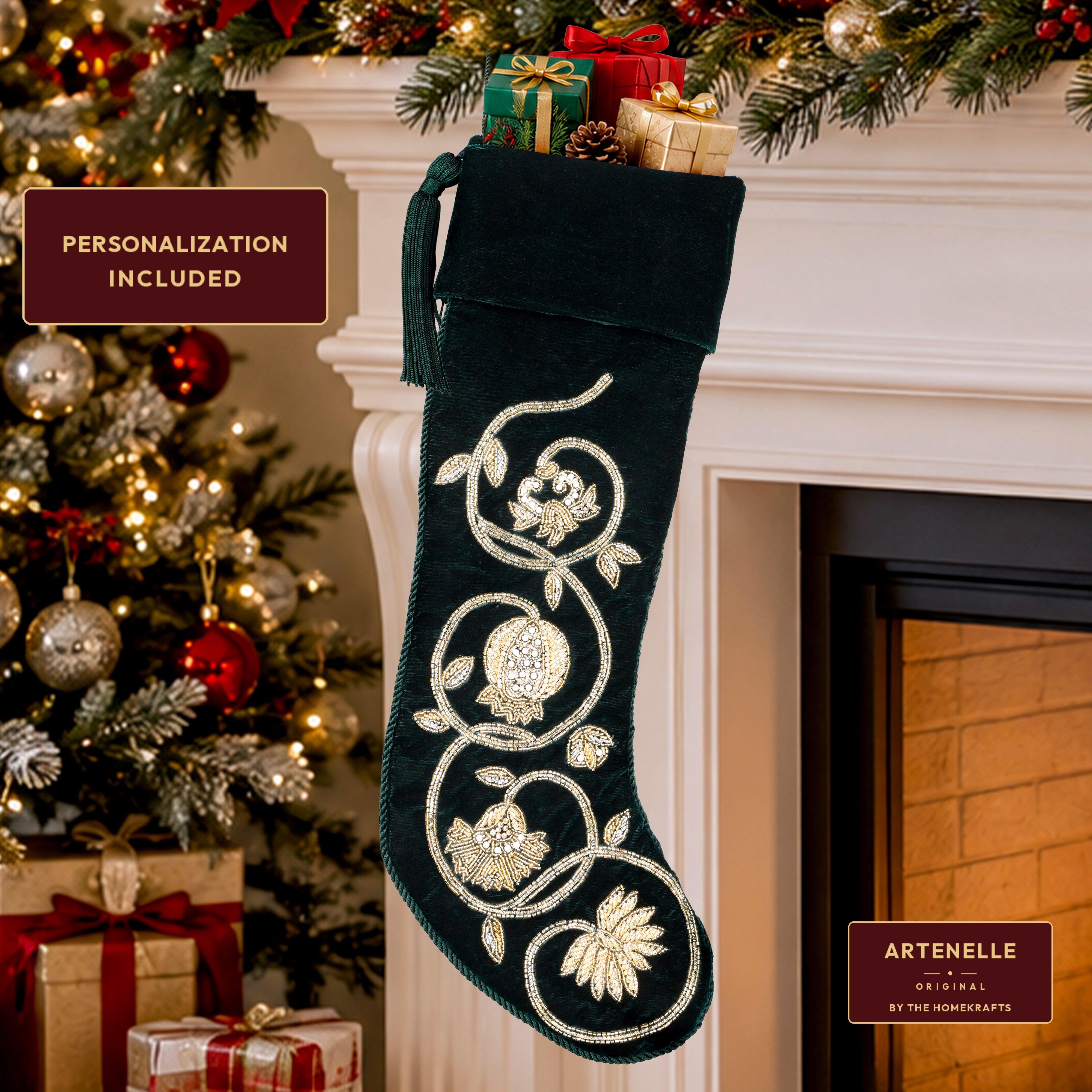 PERSONALIZED GREEN VELVET Christmas Stocking - GOLDEN GARLAND