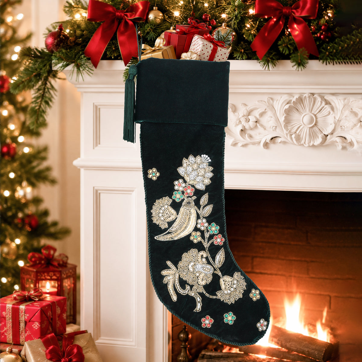 Personalized Green Velvet Christmas Stocking - Handmade Partridge Noel Song Bird